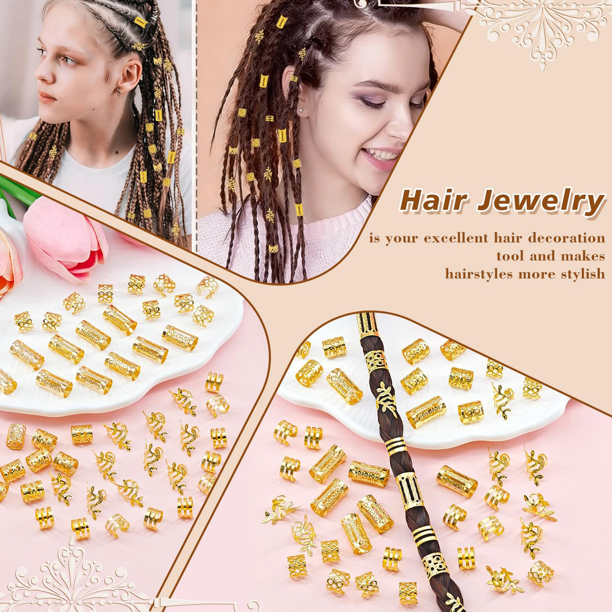 50Pcs Adjustable Metal Hair Cuffs and Rings for Braids, Bohemian Princess-inspired Gold Hair Jewelry Set for Women, Festival Party Dreadlock Decorations