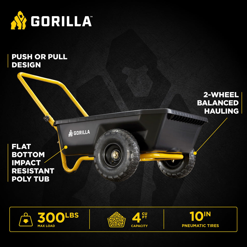 Gorilla Carts Poly Dump Cart, 2-Wheel Garden Wagon, 4 Cu Ft, 300lb Capacity