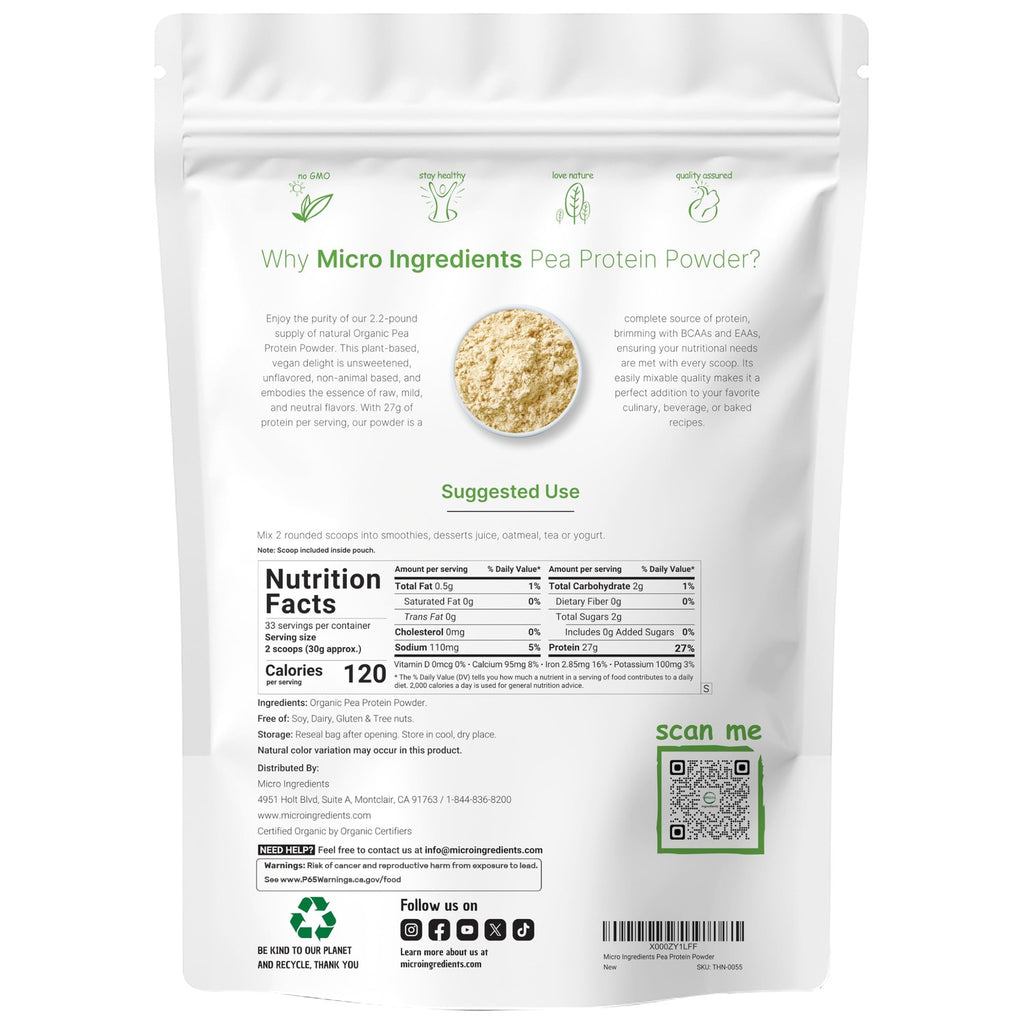 Micro Ingredients Organic Pea Protein Powder, 1KG (2.2 Pounds), North America Grown | Plant-Based Vegan Protein, Meatless Supplement, Natural Branched Chain Amino Acids | Non-GMO, Soy Free