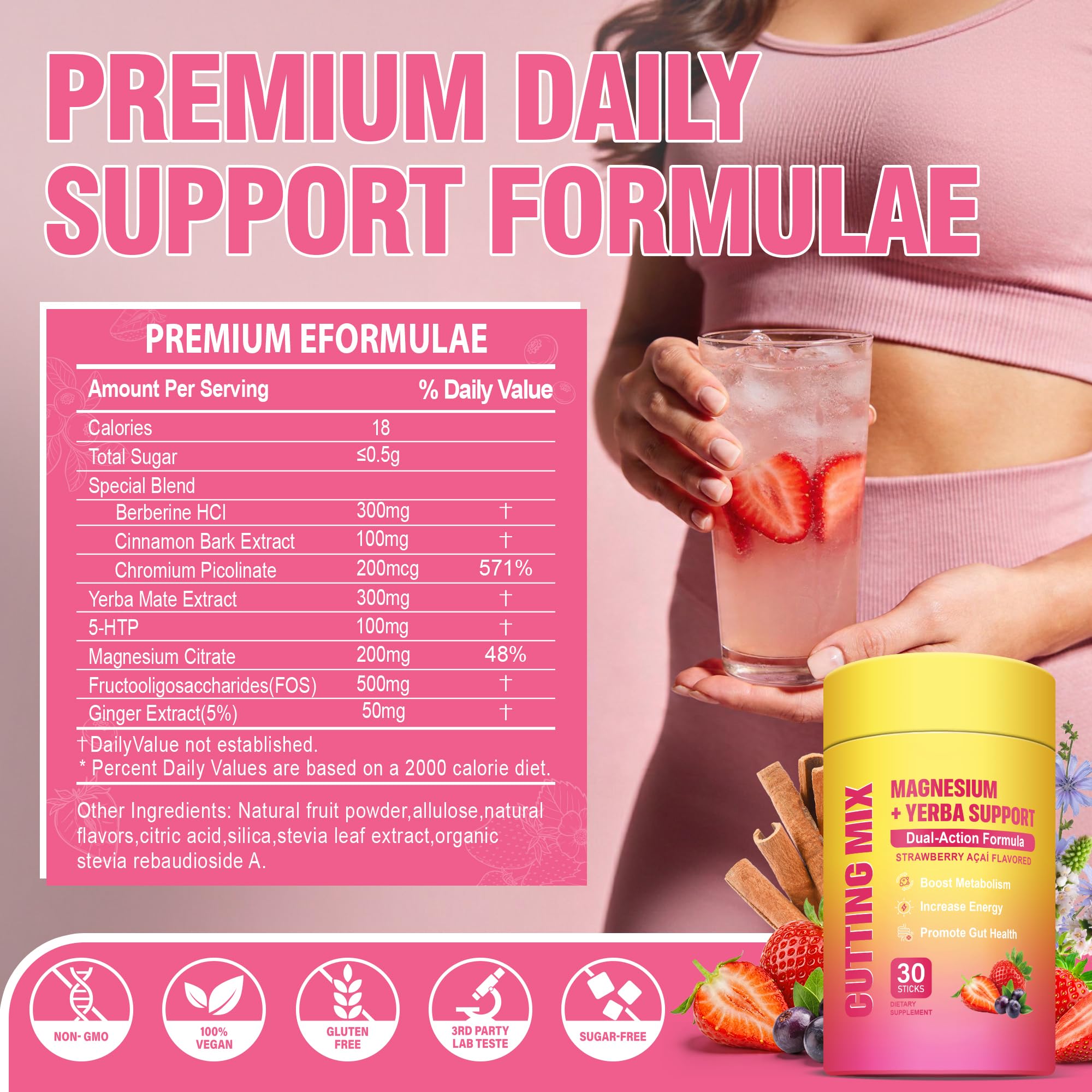 Cutting Drink Mix – Supports Energy & Gut Health with Magnesium, Berberine, Chromium, 5-HTP, Yerba Mate & FOS | Sugar-Free, Vegan, Non-GMO, Strawberry Açaí - 30 Servings