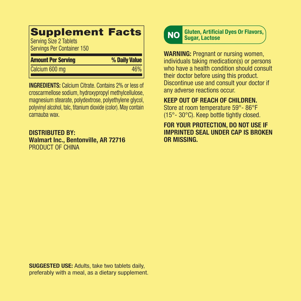 Calcium Citrate 600mg per Serving, 300 Tablets – Pure Calcium Citrate Supplement, Supports Bone Health and Wellness, Citrato de Calcio, High Absorption Calcium