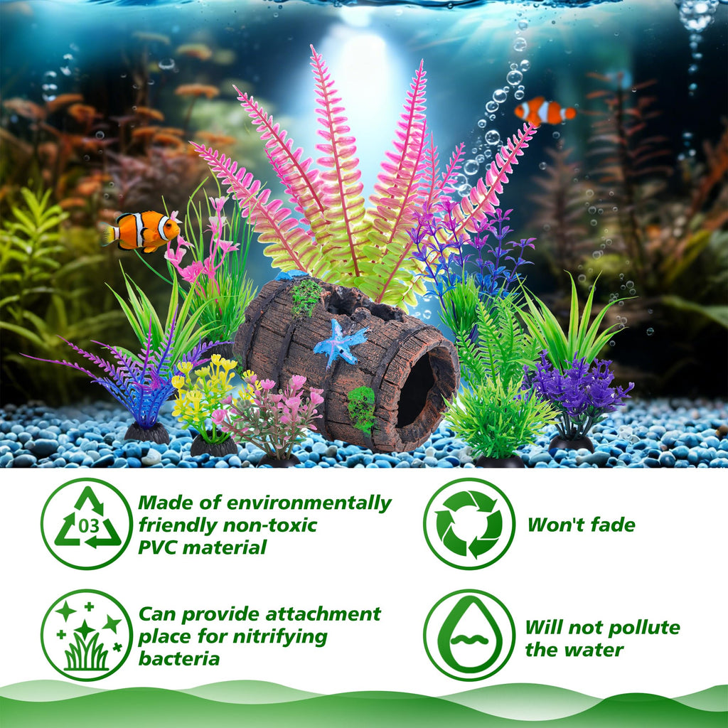 Ameliade 11 Aquarium Plants & Fish Tank Broken Barrel Cave Decorations Set