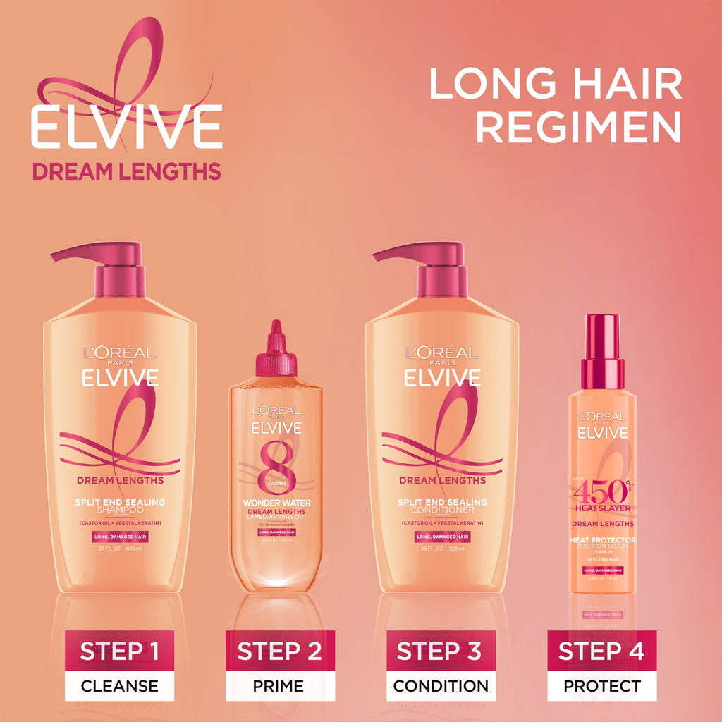 L'Oreal Paris Elvive Dream Lengths Shampoo and Conditioner Set, Seals Split Ends, Hydrating & Strengthening Hair Repair, Fine Castor Oil and Vitamins B3 and B5, 56 Fl Oz Set