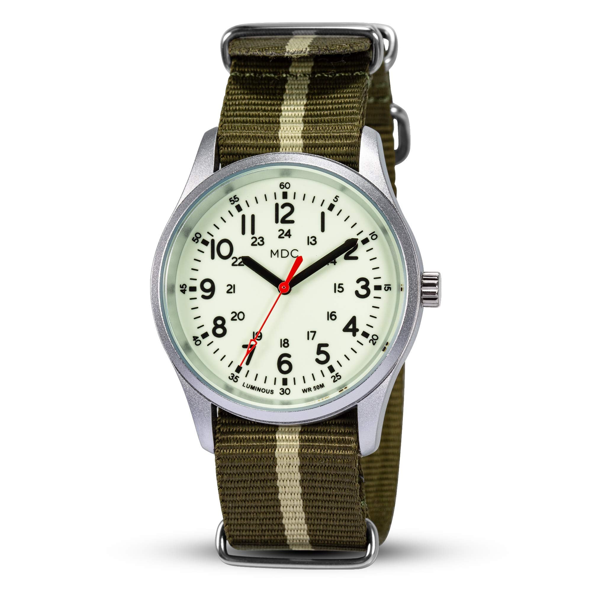 Buy now Infantry Mens Military Field Watch,Luminous Glow in The Dark Dial,Analog Tactical Wristwatch w/ 12/24 Hr Time,Japanese Quartz Movement,Slip-Thru Nylon Band,Reliable Work Watch for Men Silver Green at indiglob india