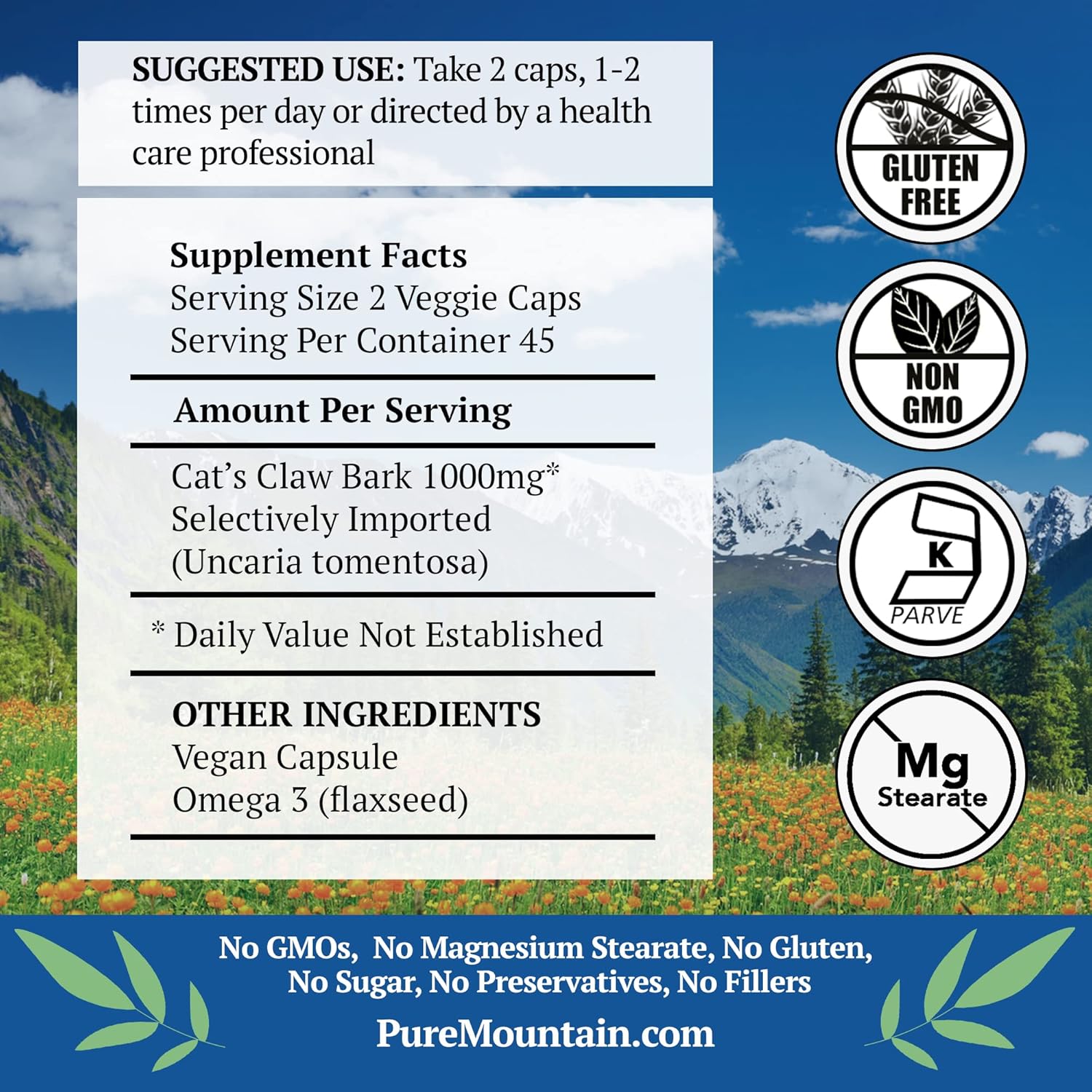 Buy now Pure Mountain Botanicals Catâ€™s Claw Capsules - 90 Kosher Vegan Caps with 1000mg Peruvian Cats Claw Uncaria Tomentosa Herbal Supplement at indiglob india