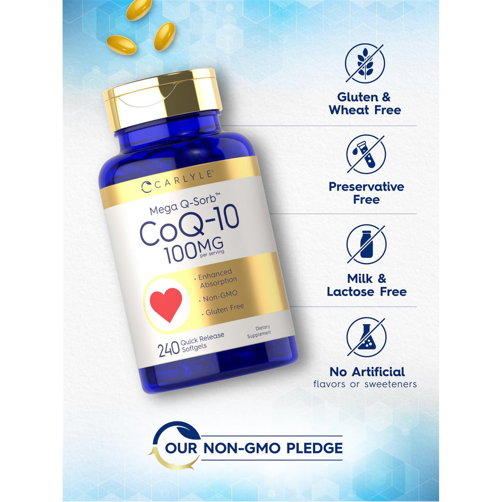 Carlyle CoQ10 100mg Softgels | 240 Count | Mega Q-Sorb Coenzyme Q-10
