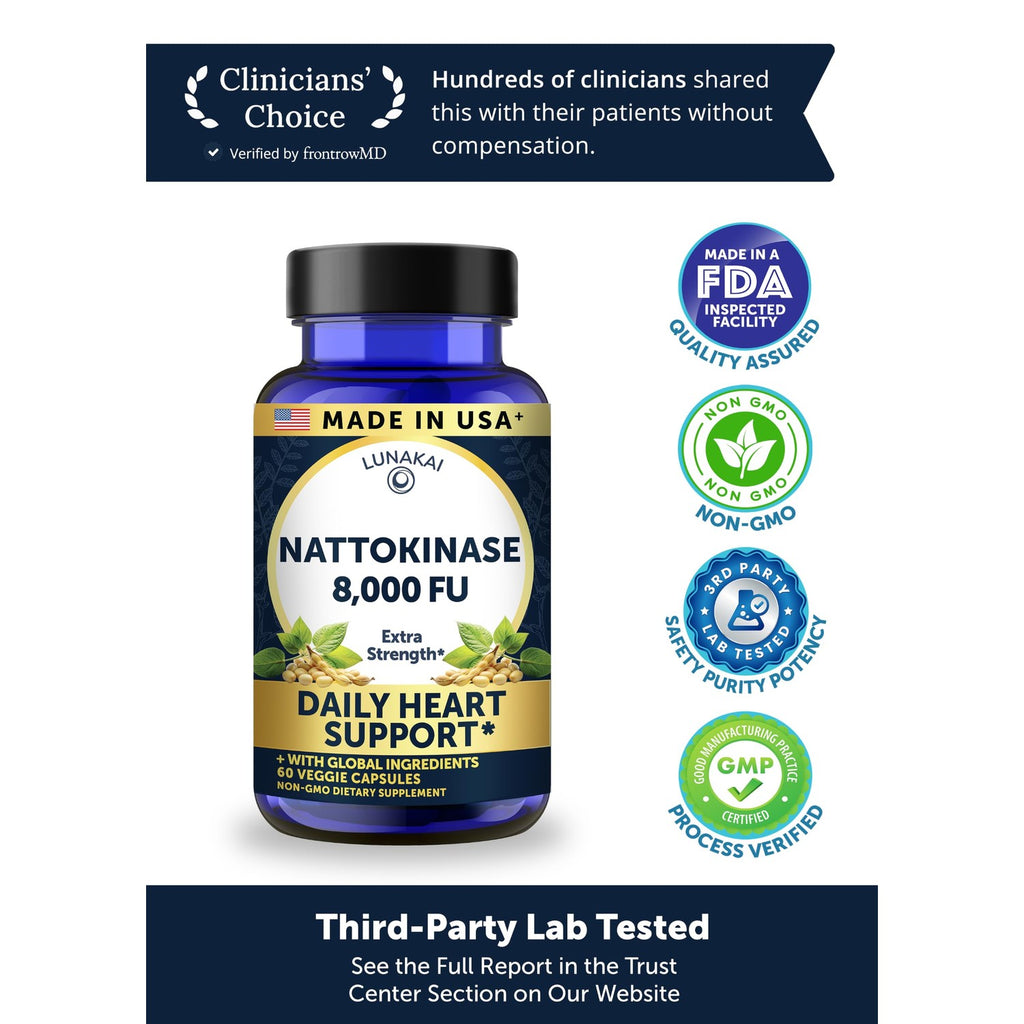 Lunakai USA Made Nattokinase Supplement – 400mg Natto Enzyme, 8000 FU per Serving – Heart & Circulation Support – Non-GMO, 60ct, 4000 FU Capsule