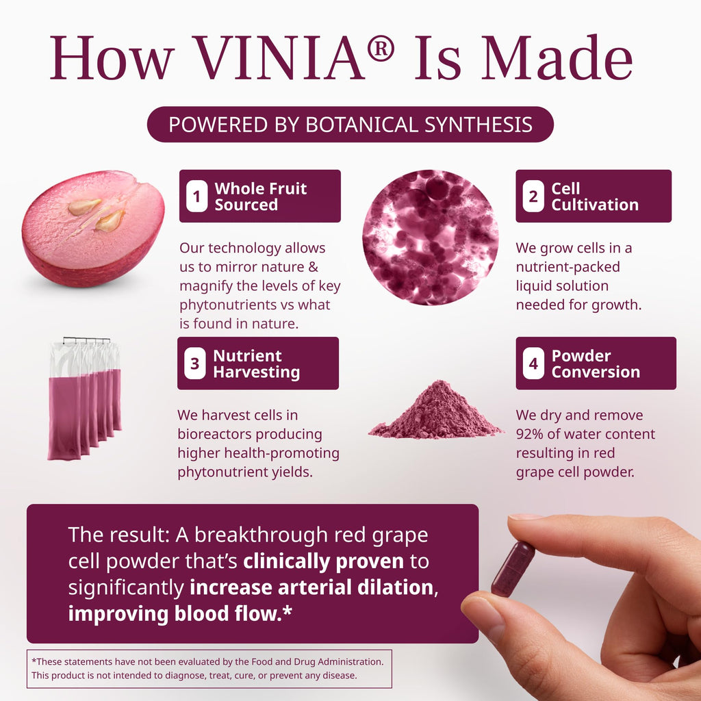VINIA Blood Flow | Piceid Resveratrol Capsules | Vegan, Non-GMO, 30 Count | Heart Health | Healthy Blood Pressure Support* | Nitric Oxide Production | Red Grape Antioxidant Supplement