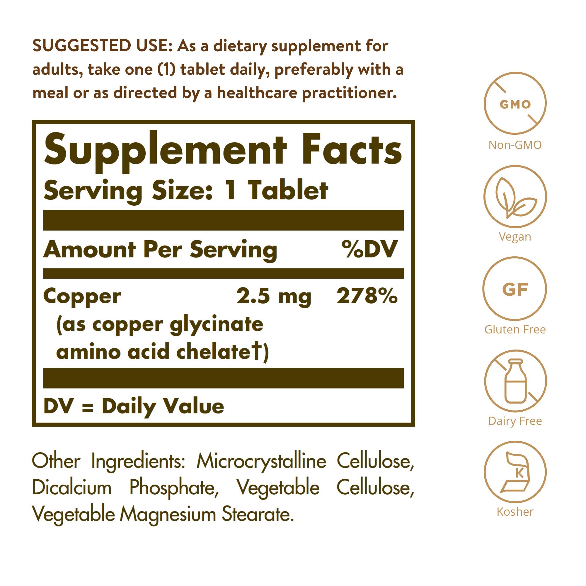 Solgar Chelated Copper, 100 Tablets - Essential for Collagen Formation | Highly Bioavailable Form, Supports Connective Tissue, Non-GMO, Vegan, Gluten Free, Dairy Free, Kosher - 100 Servings
