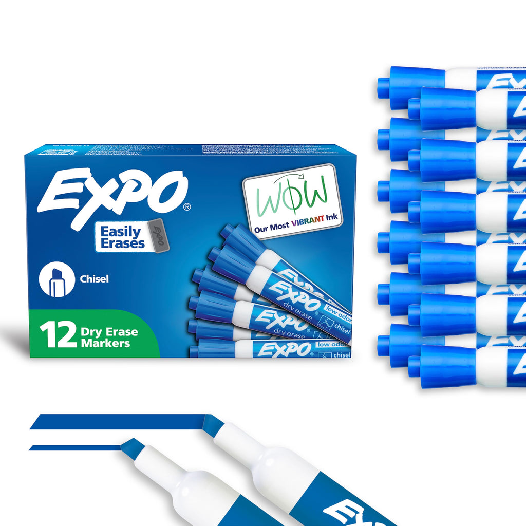 EXPO Dry Erase Markers, Low Odor Ink, Blue, Chisel Tip, 12 Count - Whiteboard, Calendar, Organization, Essential Supplies for Office, School, Classroom, Teachers