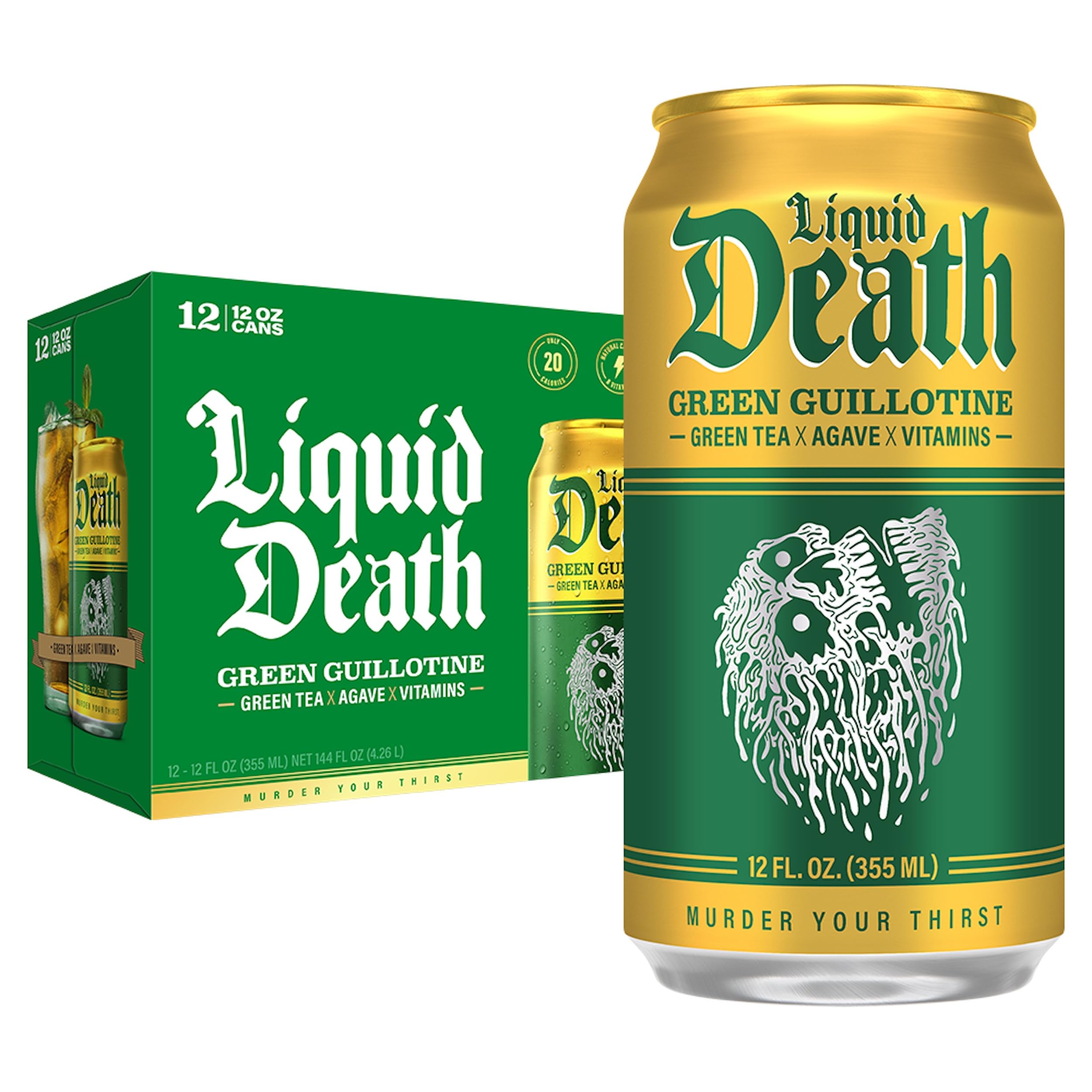 Buy now Liquid Death Iced Tea - Blueberry Buzzsaw (Blueberry-Flavored Black Tea), Less Sugar*, Boost of Caffeine, B Vitamins, No Artificial Sweeteners, 12 Fl Oz (Pack of 12) Green Guillotine at indiglob india