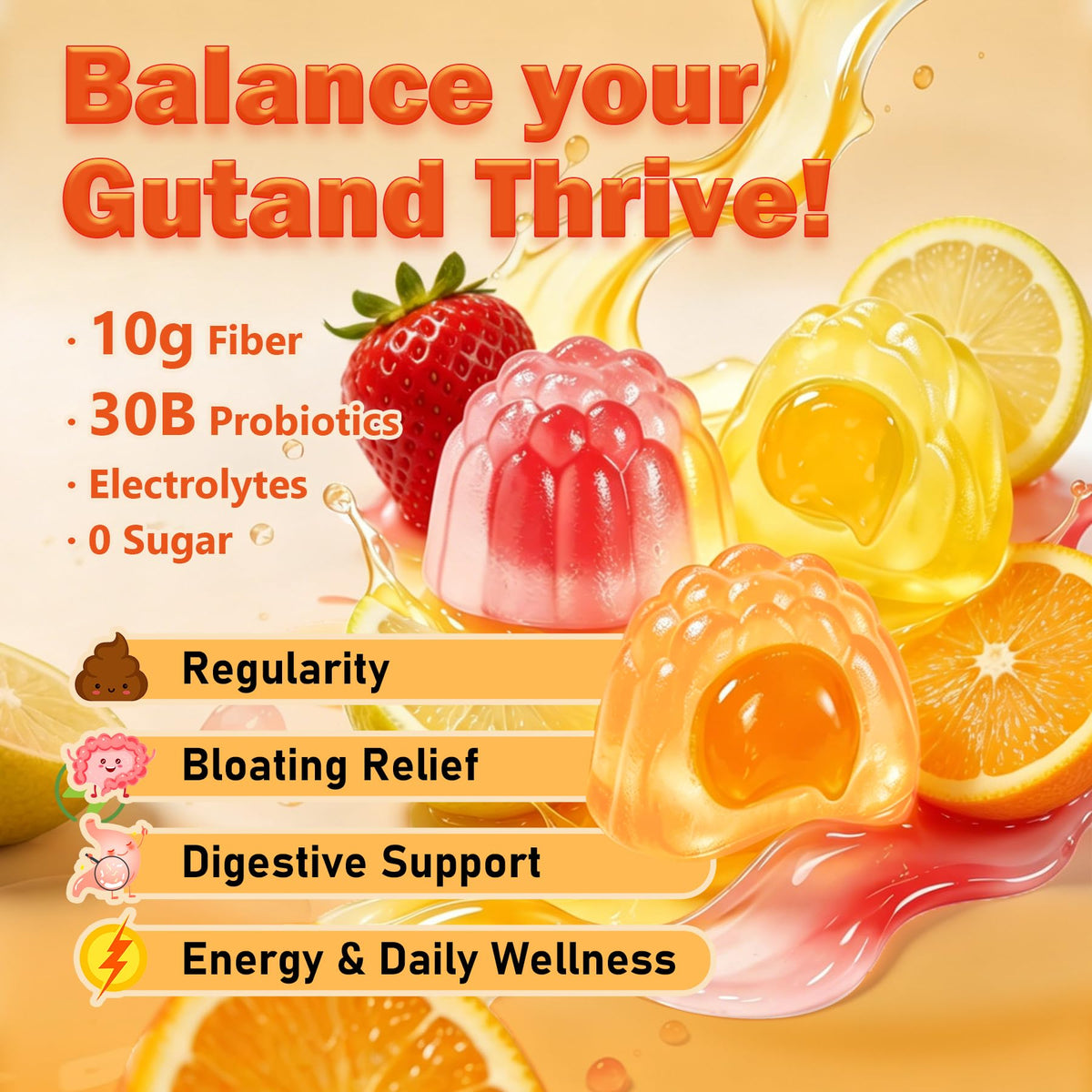 10G Fiber Gummies for Adults with 30 Billion CFU Probiotics,Vitamins C, D, B12,Electrolytes - Supports Digestive Health & Relieves Constipation and Bloating,Sugar Free - 120 Count