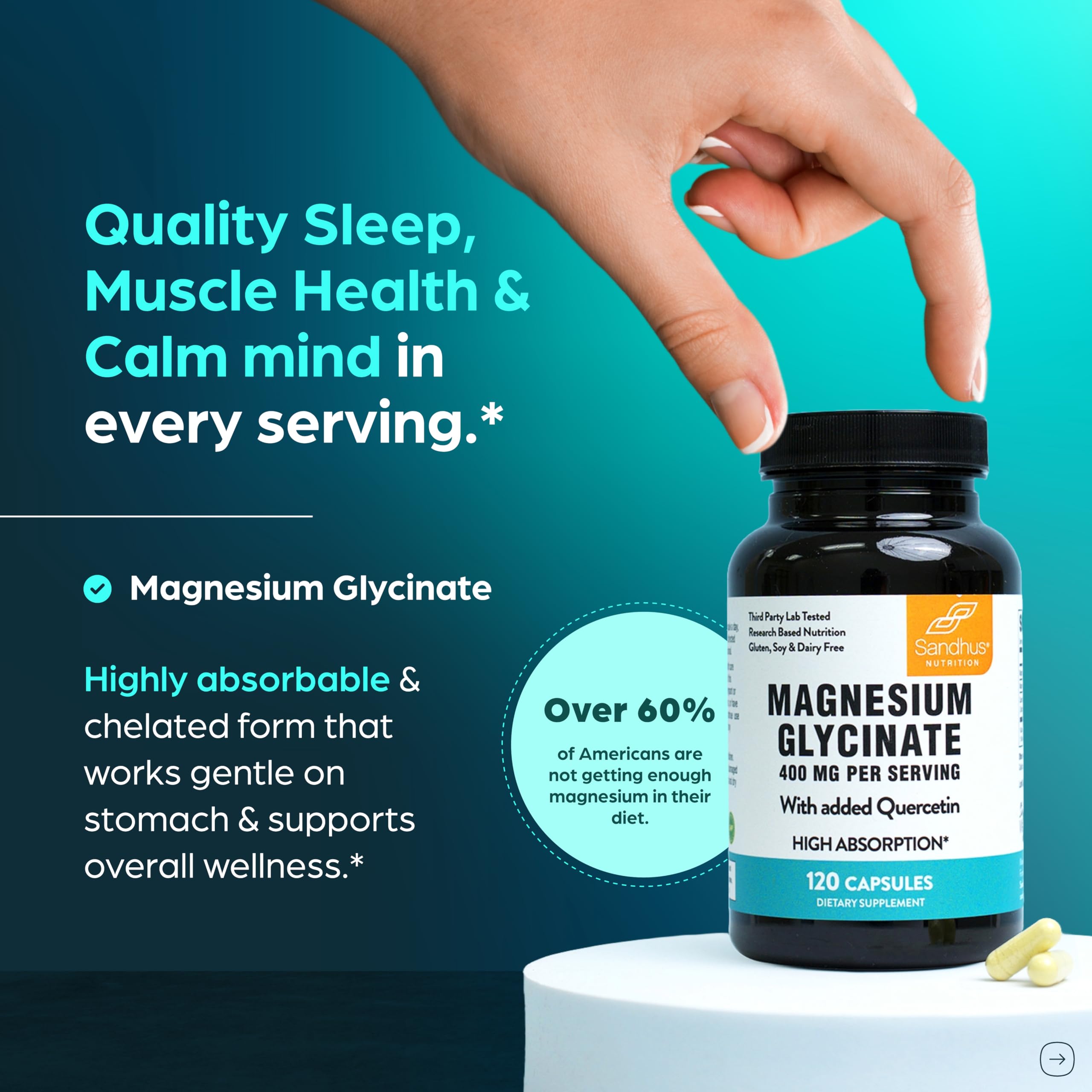 Magnesium Glycinate 400mg Capsules with Quercetin for Men & Women 120 Count | Pure Chelated Magnesium For Good Sleep, Relaxation | High Absorption, USA Made NSF GMP Certified 3rd Party Tested | Sandhu's