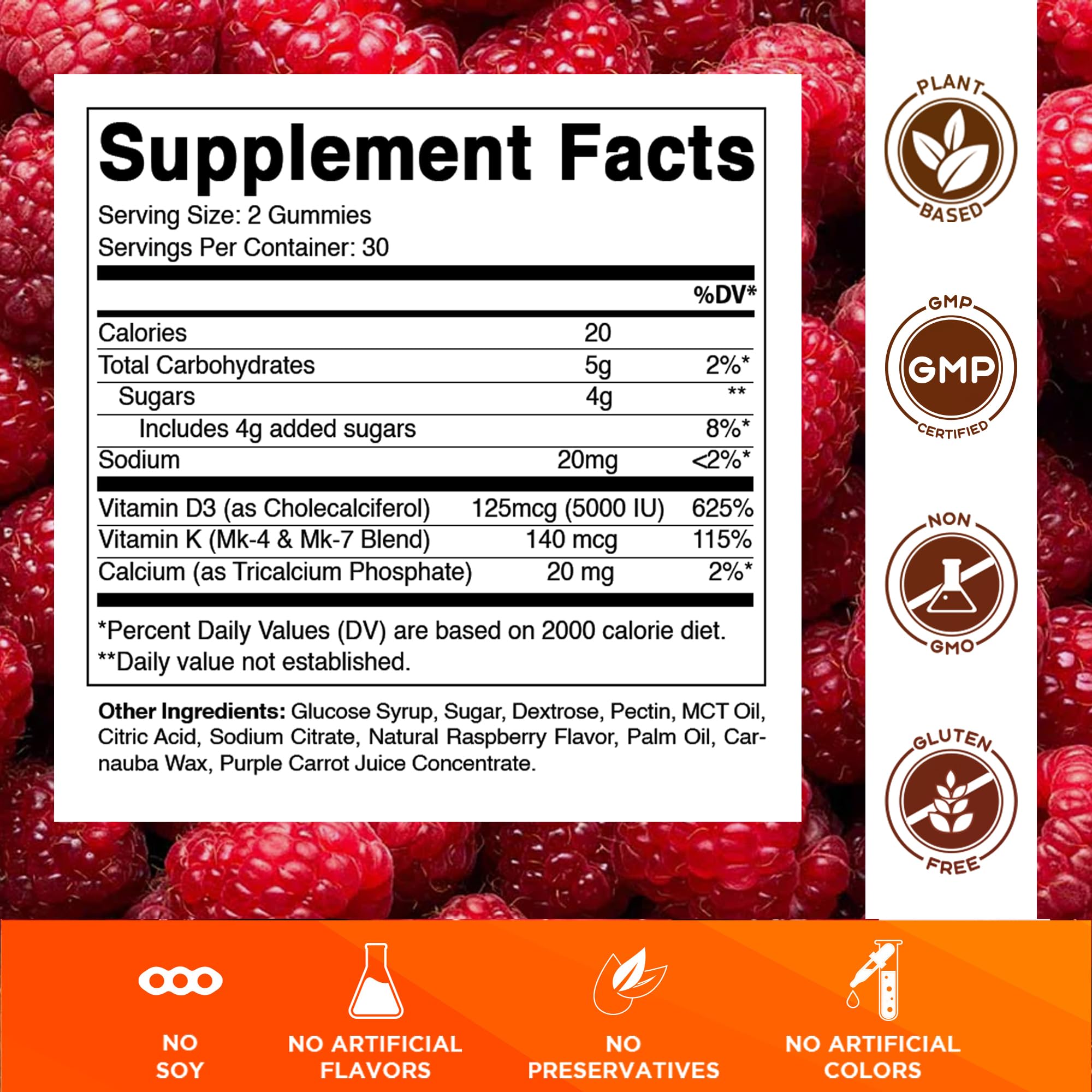 Vitamatic Vitamin D3 + K2 Gummies 60 Count | D-3 5000 IU + Vitamin K 140mcg for Bone Heart & Immune Support, Pectin-Based, Non-GMO, Gluten-Free