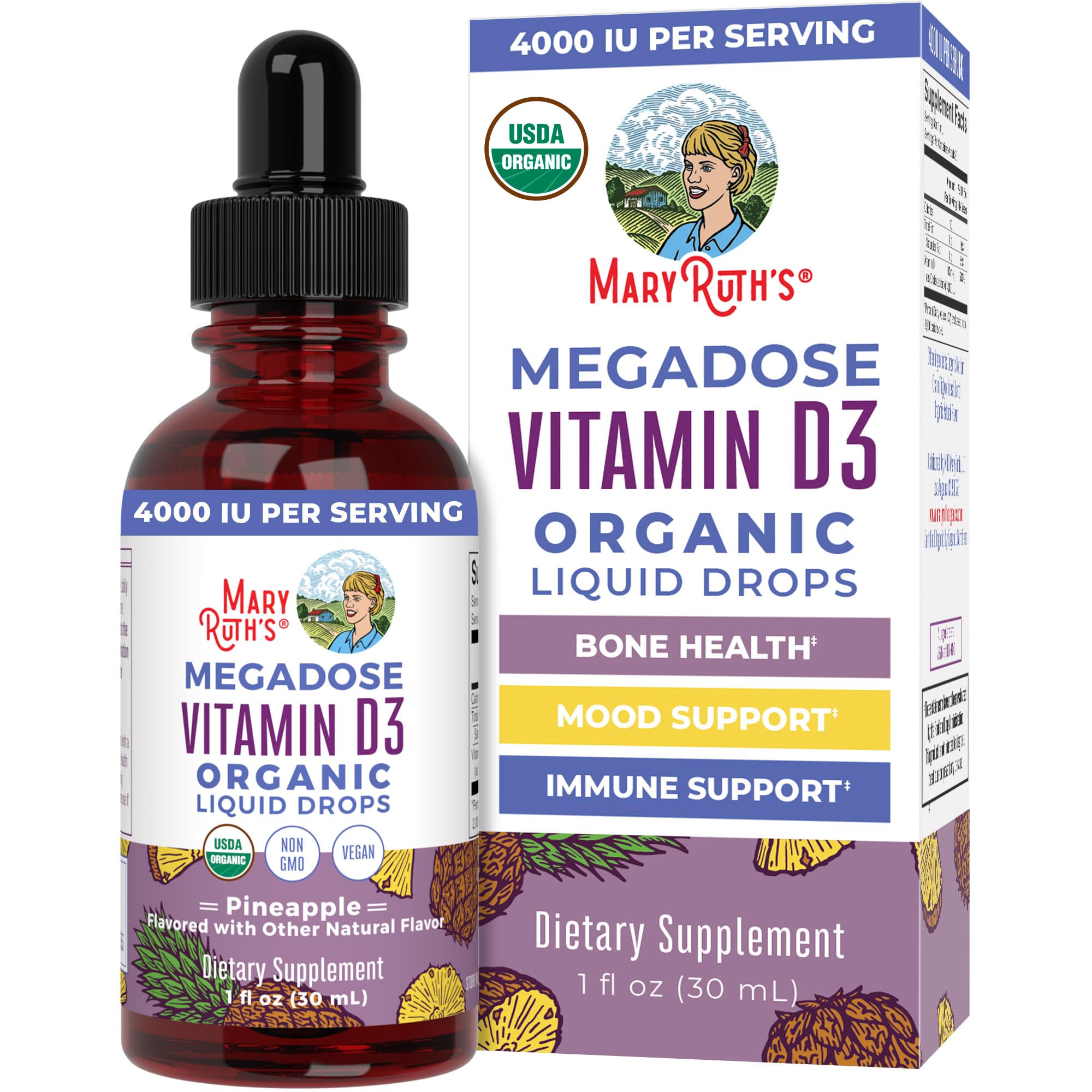 MARYRUTH'S Megadose Vitamin D3 Drops, Vitamin D 4000 IU, Vegan, 30 Servings | USDA Organic, Immune Support & Bone Health, Vegan, Gluten Free, Non-GMO