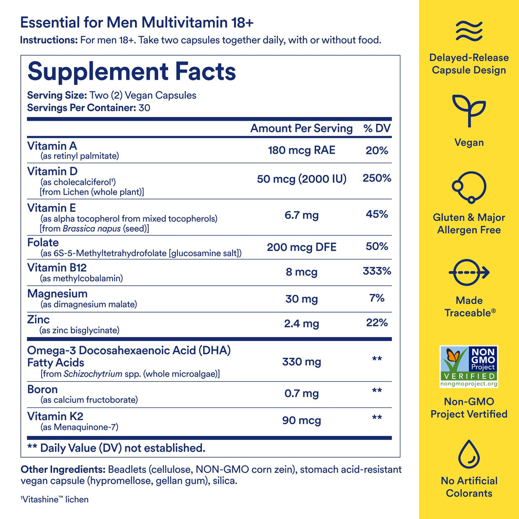 Ritual Men's 18+ Multivitamin - 60 Capsules - 30 Servings | Key Essential Vitamins and Minerals to Support Energy, Muscle, Heart, Brain Health* - Zinc, D3, B12, A, K2 - Vegan - Mint