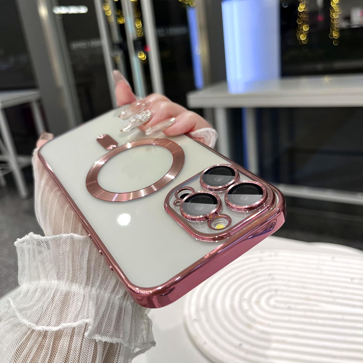 Buy now Magnetic Case for iPhone 15 Pro Max Case with Full Camera Lens Protector [Strong N56 Magnets] [Compatible with Magsafe] Clear Stylish Case for iPhone 15 ProMax Phone Case, Gold Titanium iPhone 15 Pro Max Pink at indiglob india