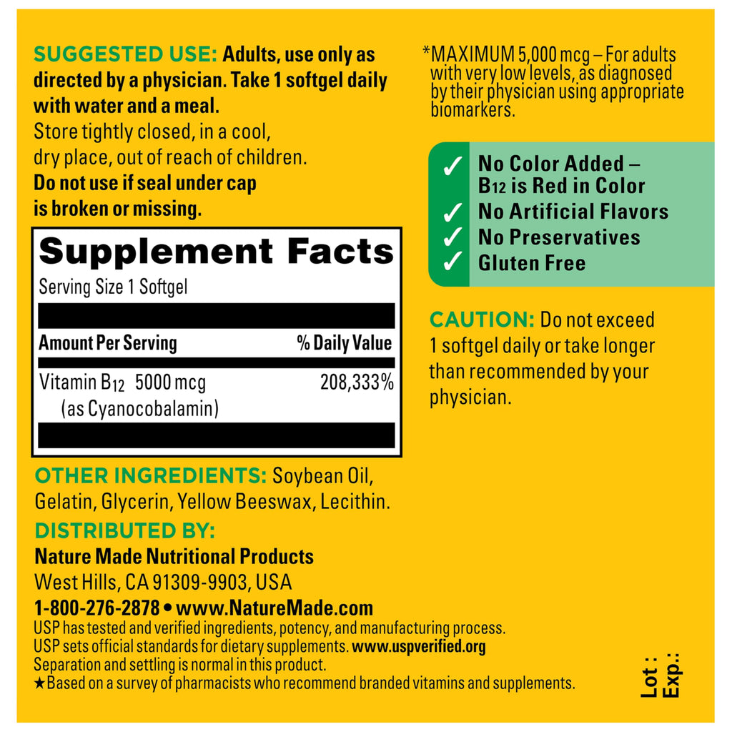Nature Made Maximum Strength Vitamin B12 5000 mcg Softgels, 60 Softgels | Energy Metabolism Support Supplement for Men and Women, Helps Reduce Fatigue for Those Low in Vitamin B12, 60 Day Supply