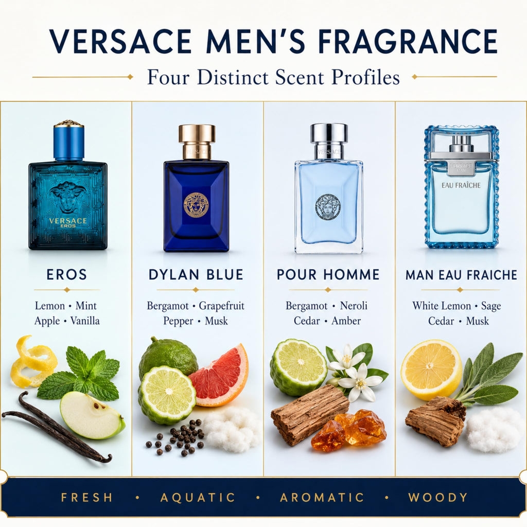 Versace Cologne for Men Set of 4 Mini Eros, Pour Homme, Dylan Blue, Eau Fraiche Perfume for Men Fragrance Sampler Set - Designer Mens Cologne Samples (4 Count, 0.17 oz)