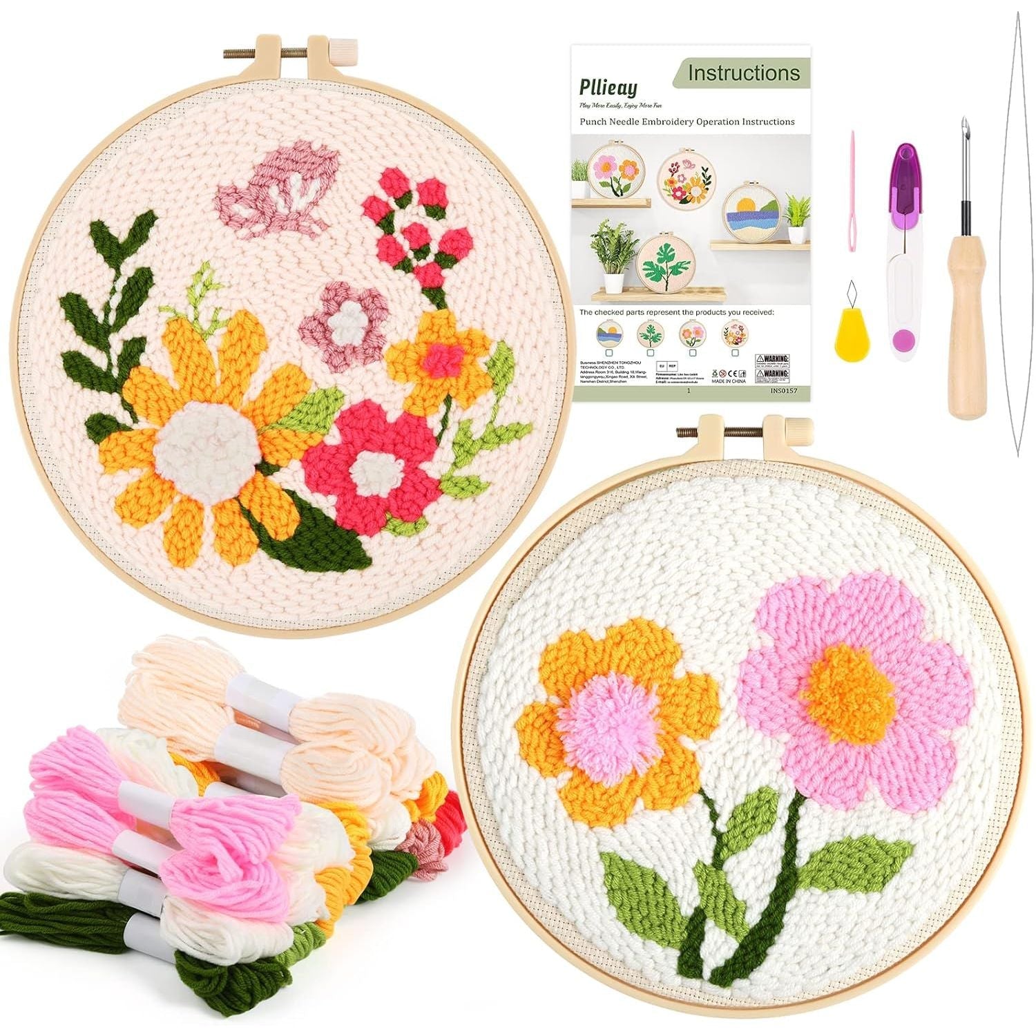 Buy now Pllieay Punch Needle Embroidery Starter Kits for Kids and Adults Beginners, Include Instructions, Punch Needle Fabric with Floral Pattern, Yarns, Embroidery Hoops and Threader Tools 2 Style at indiglob india