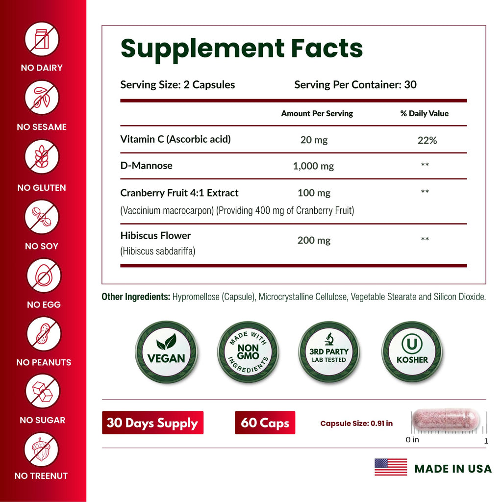 D Mannose 1000mg Capsules - D-Mannose with Cranberry, Hibiscus & VIT C, Urinary Tract Health for Women and Men, Organic DMannose Pills for UTI, Urinary Health & Bladder Support 60 Capsules