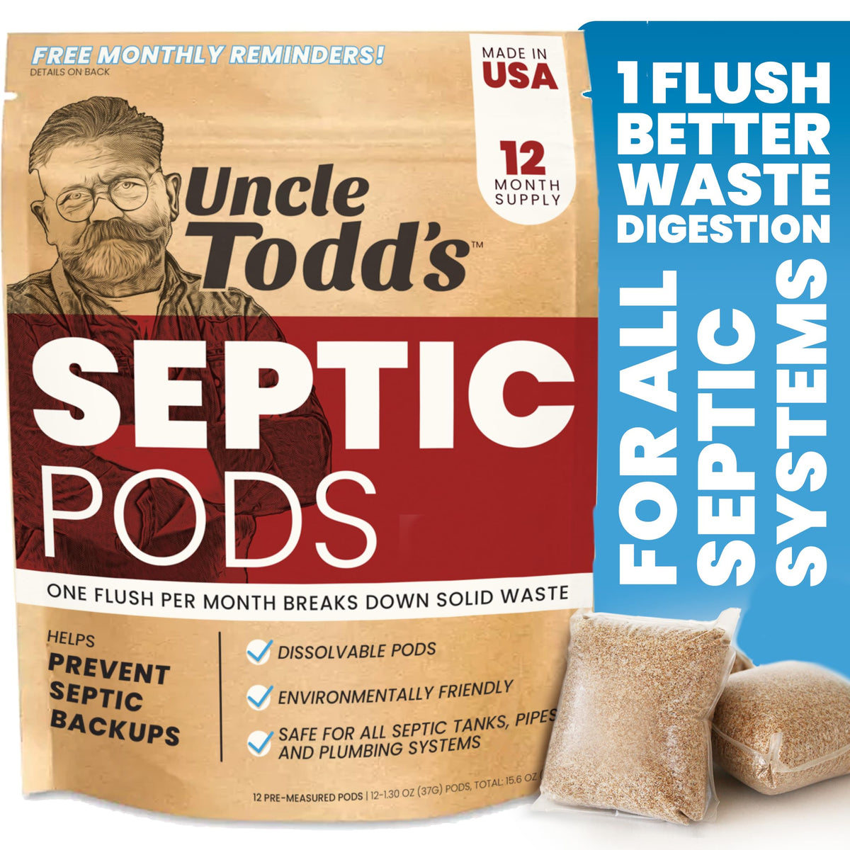 Septic Tank Treatment Pods, Enzyme & Live Bacteria, 12 Month Supply, 12 Ct