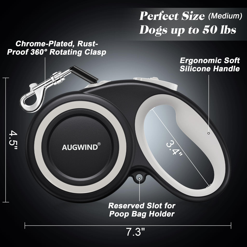 Retractable Dog Leash with Stainless Steel Anti-Chew Cable for Small & Medium Dogs up to 50 lbs | 16 ft Strong Nylon Reflective Tape | Quick Lock System (Medium, White)