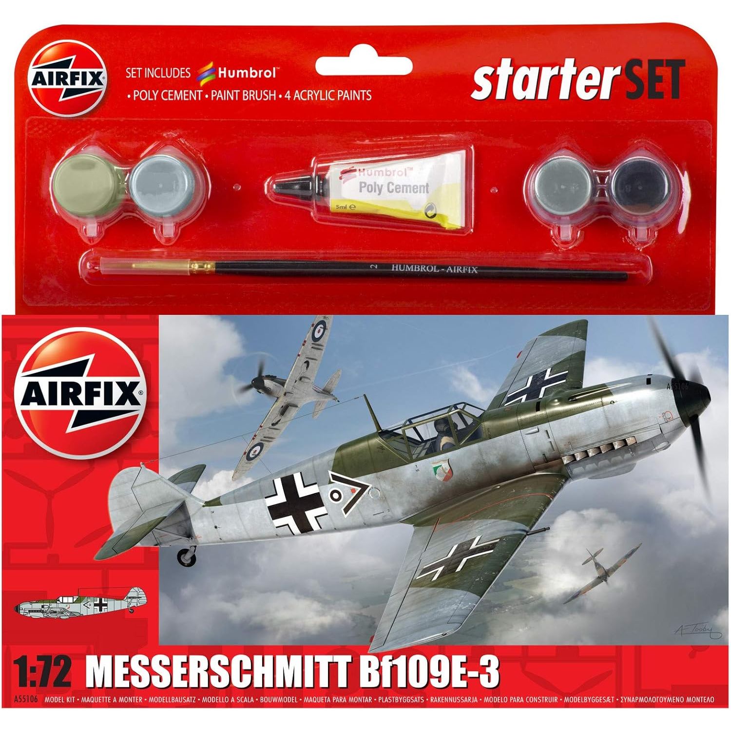 Buy now Airfix 1:72 Messerschmitt Bf109E-3 Starter Set (A55106) Default at indiglob india