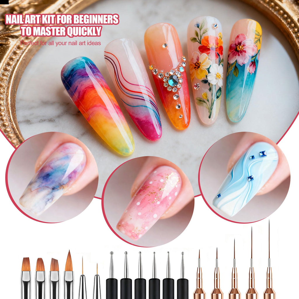 Artdone Nail Striping Tape Lines Kit With Nail Art Pens Liner Brushes | Dotting Tools For Gel Polish Small Detail Drawing Design Paint