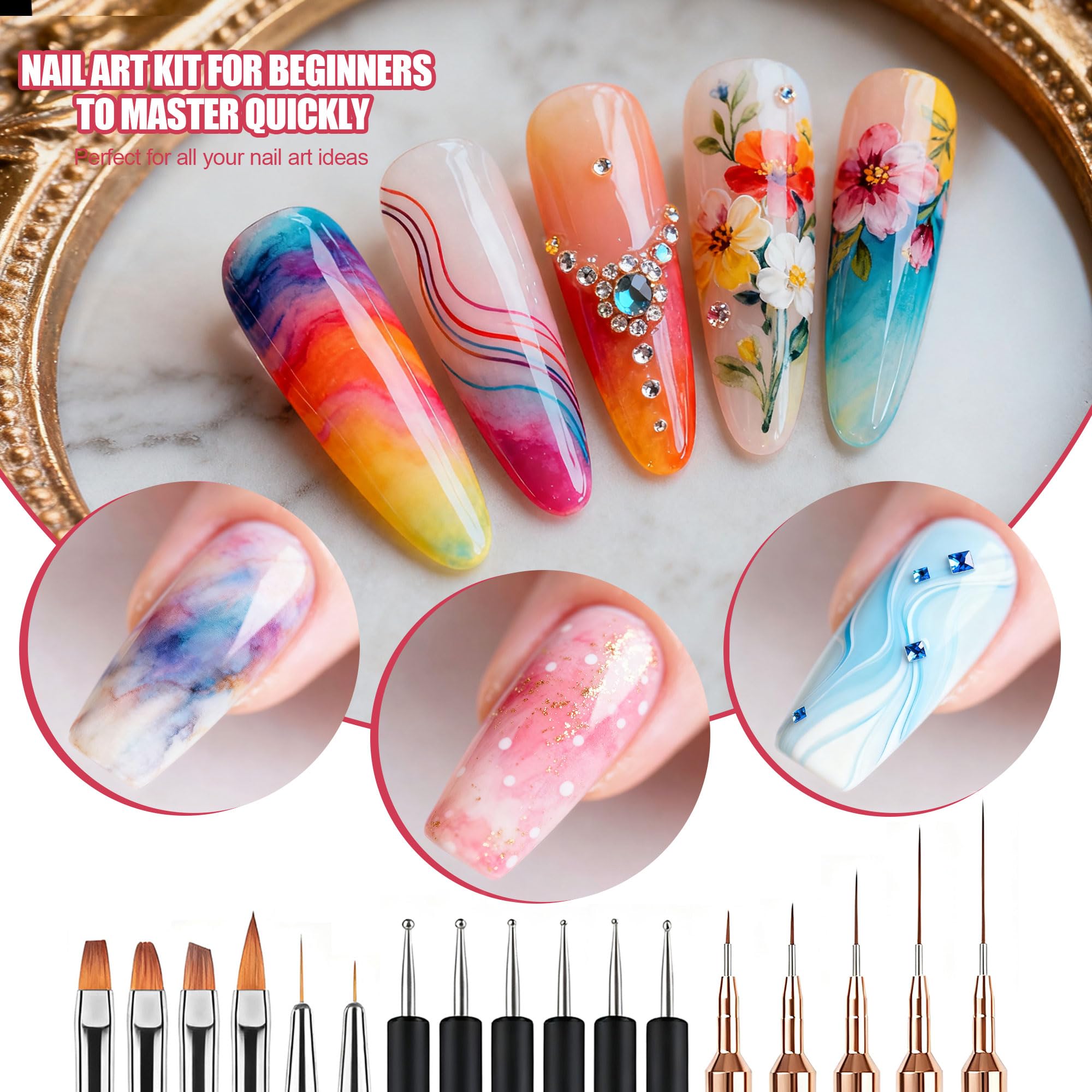 Artdone Nail Striping Tape Lines Kit With Nail Art Pens Liner Brushes | Dotting Tools For Gel Polish Small Detail Drawing Design Paint