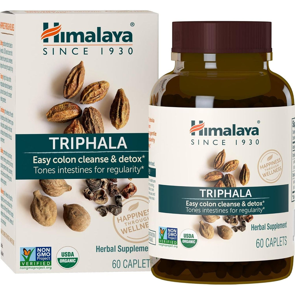 Buy now Himalaya Organic Triphala, 2 Month Supply, for Colon Cleanse, Detox & Occasional Constipation, USDA Certified Organic, Non-GMO, Gluten-Free, Extract & Powder Herbal Supplement, 688 mg, 60 Caplets at indiglob india
