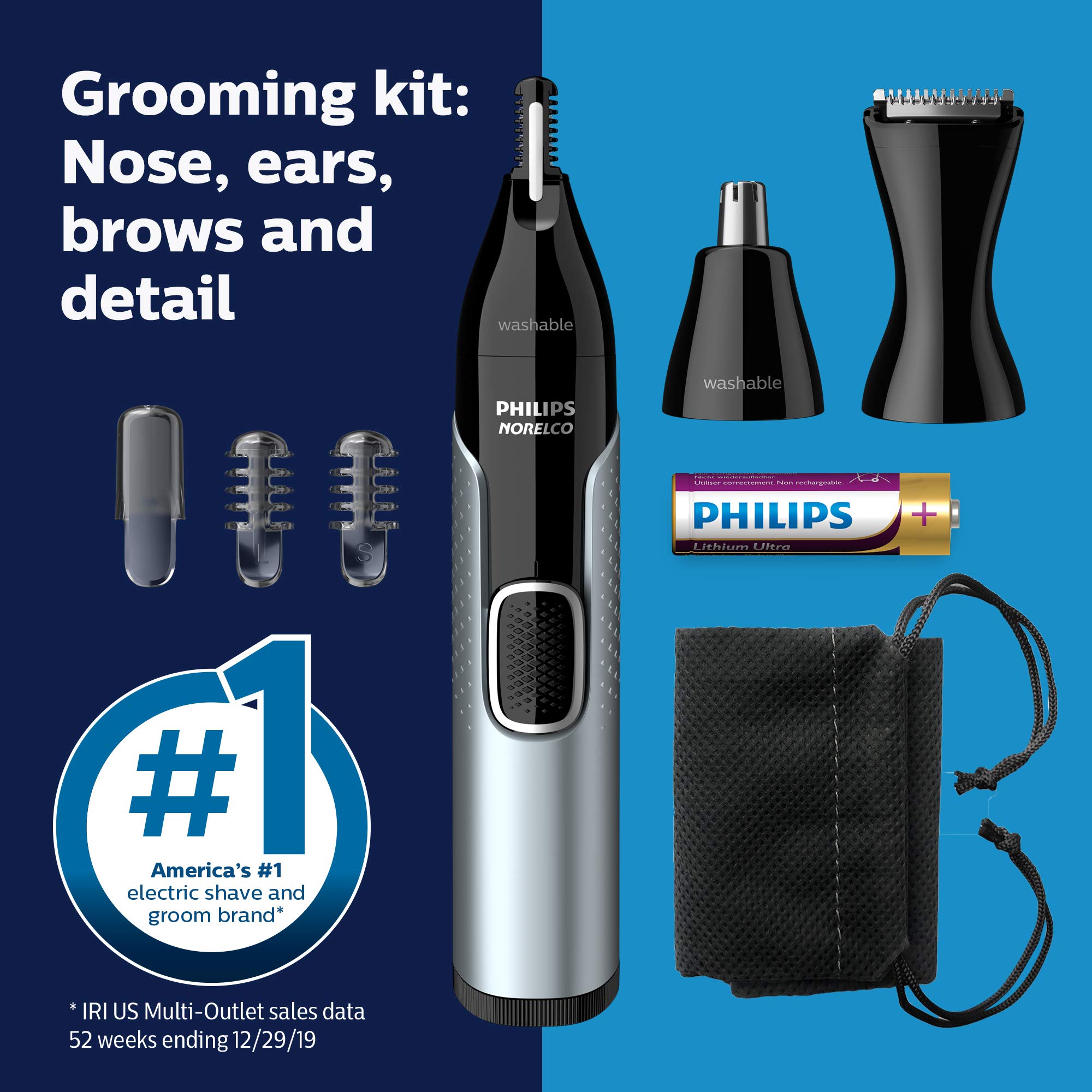 Norelco Philips Nose Trimmer 5000 for Nose, Ears, Eyebrows & Details | Protective Guard System, Dual-Sided Steel Blades, Eyebrow Combs, Rotary & Detail Trimmer, Washable, AA Battery, NT5600/62
