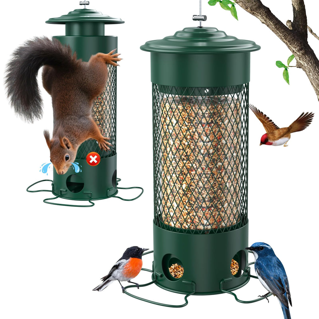 Metal Squirrel Proof Bird Feeders for Outdoors Hanging,Weight-Activated Large Capacity Feeder for Wild Finch, Cardinal,Blue Jay, Chickadee, Weatherproof and Durable 4 Perches,Green