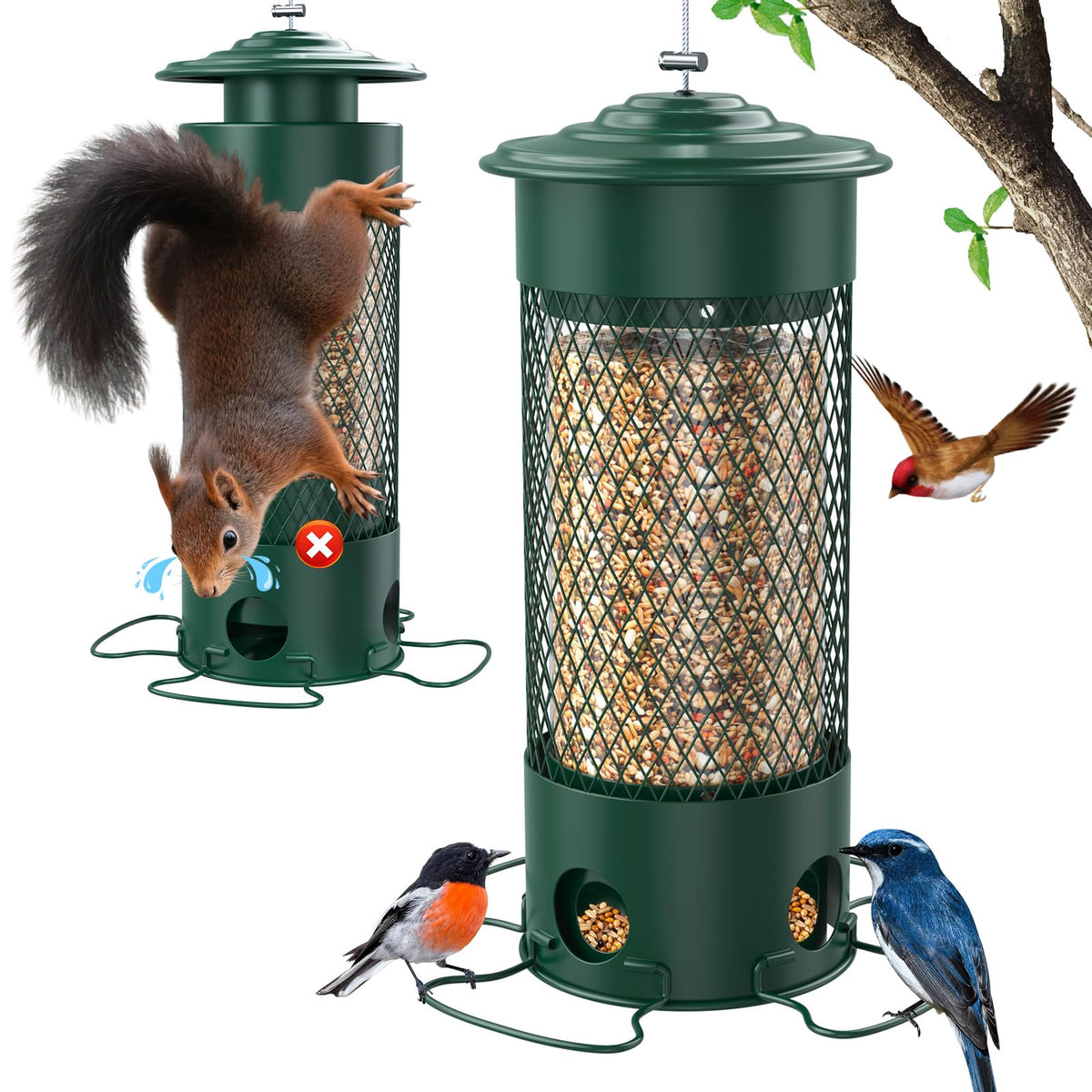 Metal Squirrel Proof Bird Feeders for Outdoors Hanging,Weight-Activated Large Capacity Feeder for Wild Finch, Cardinal,Blue Jay, Chickadee, Weatherproof and Durable 4 Perches,Green