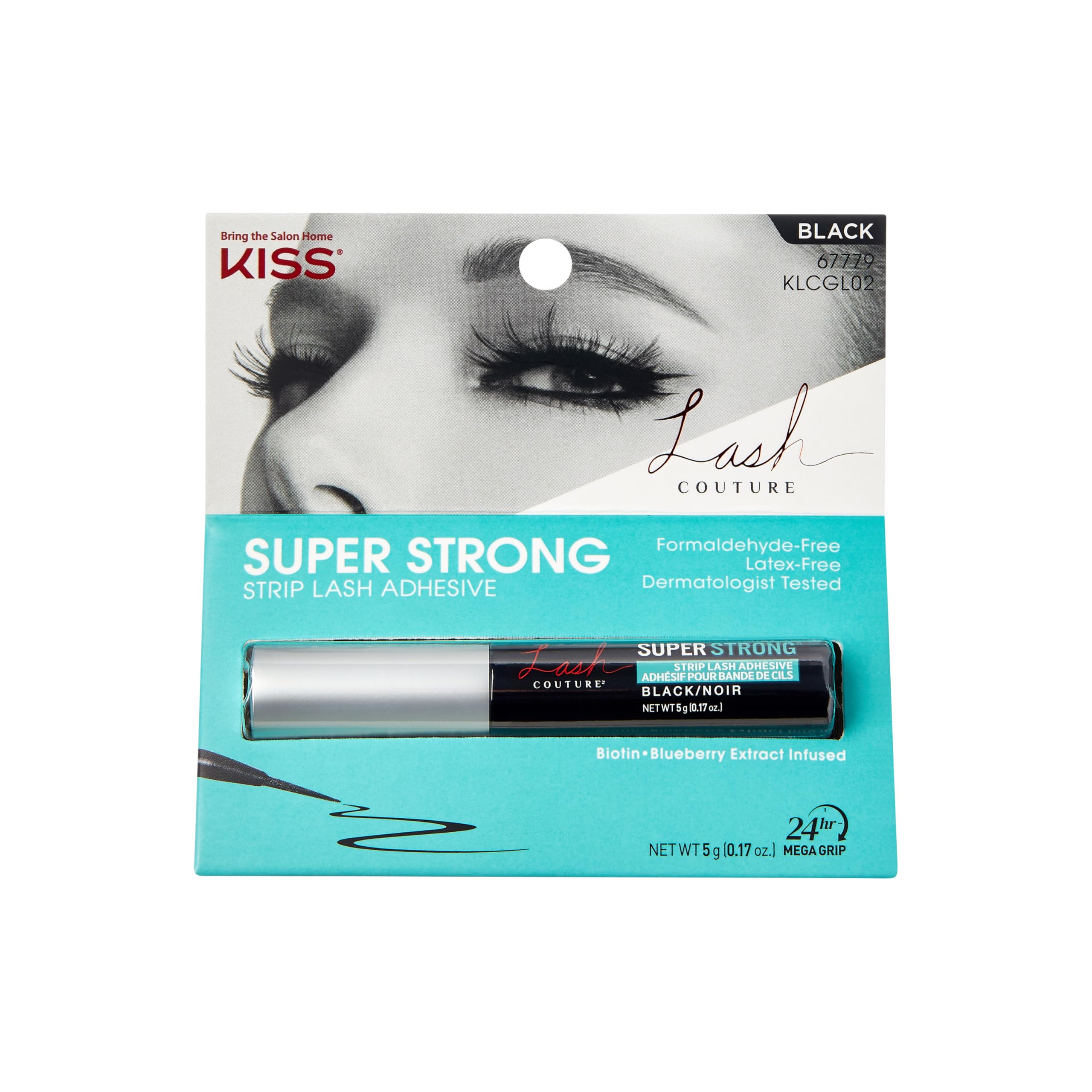 Kiss Lash Couture Super Strong Strip Lash Adhesive, Clear, 0.17 Oz (5 g), 24 Hour Mega Grip Eyelash Glue for Clusters, Extensions & Strip Lashes, with Brush Applicator, Biotin-Infused, Latex-Free