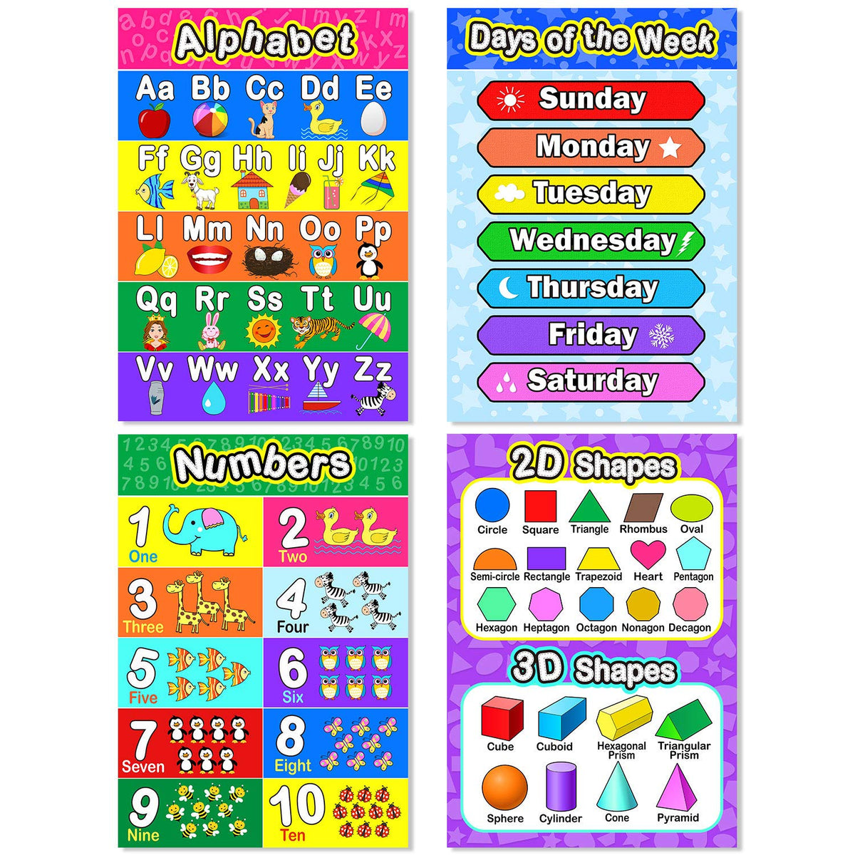 Blulu 8 Educational Preschool Posters with 60 Glue Dots, 16 x 11 Inch