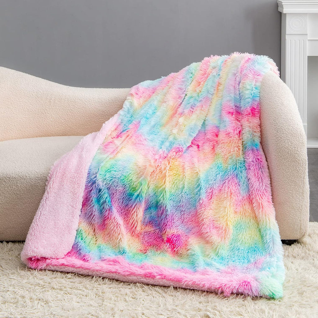 Buy now BOBOR Faux Fur Throw Blanket, Tie Dye Rainbow Sherpa Fleece Fluffy Blanket for Girls, Super Soft Fuzzy Plush Cozy Lightweight Decorative Blankets for Couch Sofa Bed (Rainbow, 59"x79") at indiglob india