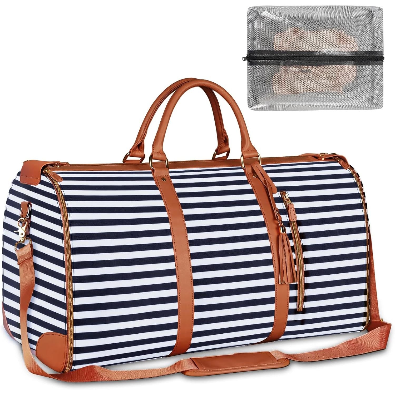 Buy now Ytonet Garment Duffle Bags for Travel, Convertible Carry On Garment Bag for Women, Large PU Leather Foldable Travel Bag with Shoe Pouch, 2 in 1 Hanging Suitcase Dress Suit Travel Bags, Pink Royal Blue Stripe Tote at indiglob india