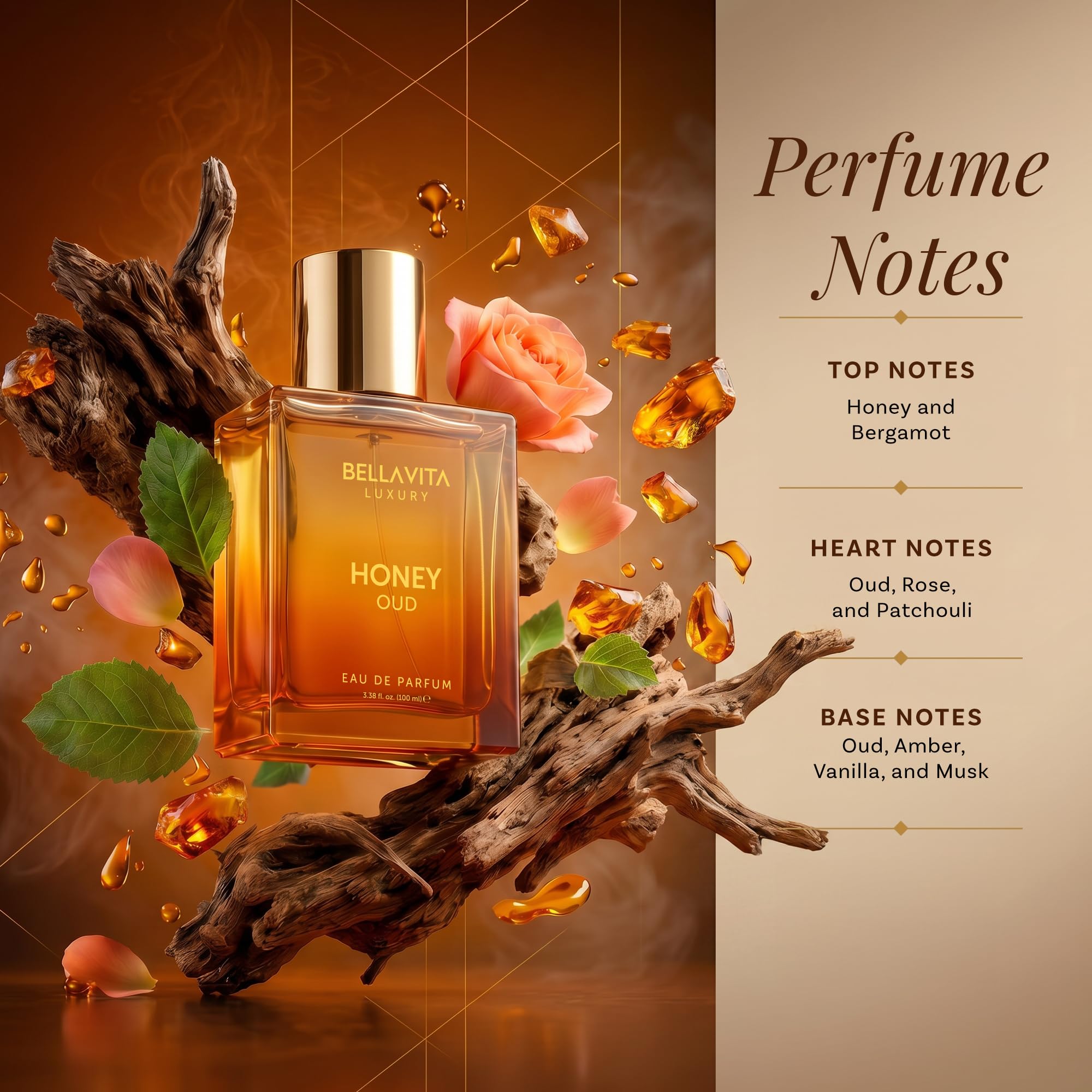 BellaVita Luxury Honey Oud Eau de Parfum | 100 ml | Unisex Perfume | Unisex Perfume with long-lasting Honey Oud Eau de Parfum, perfect for daily wear, special occasions and gifting