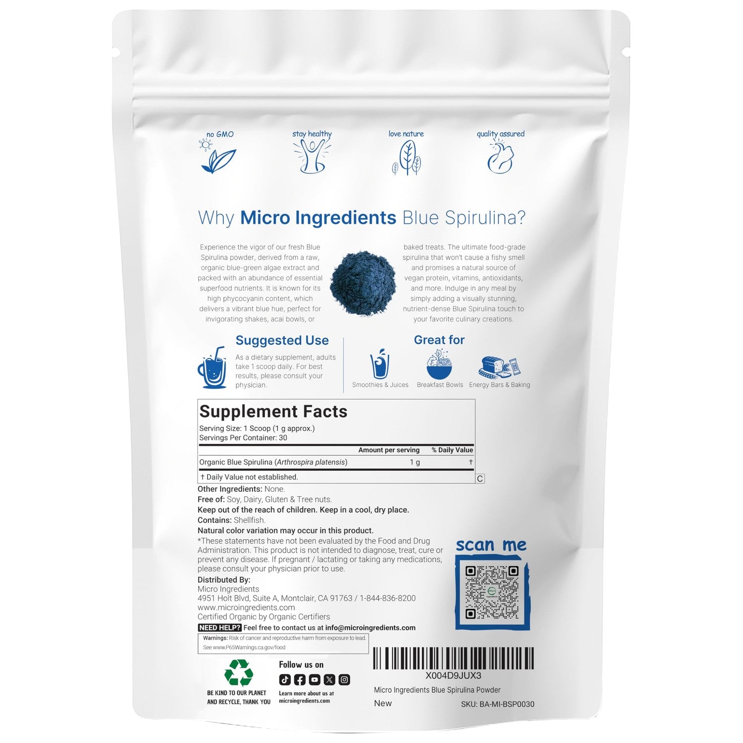 Organic Blue Spirulina Powder (Phycocyanin Extract), 30 Servings - No Fishy Smell, 100% Vegan Protein from Blue-Green Algae, Natural Luminous Food Coloring for Smoothies, Baking, Drinks & Cooking
