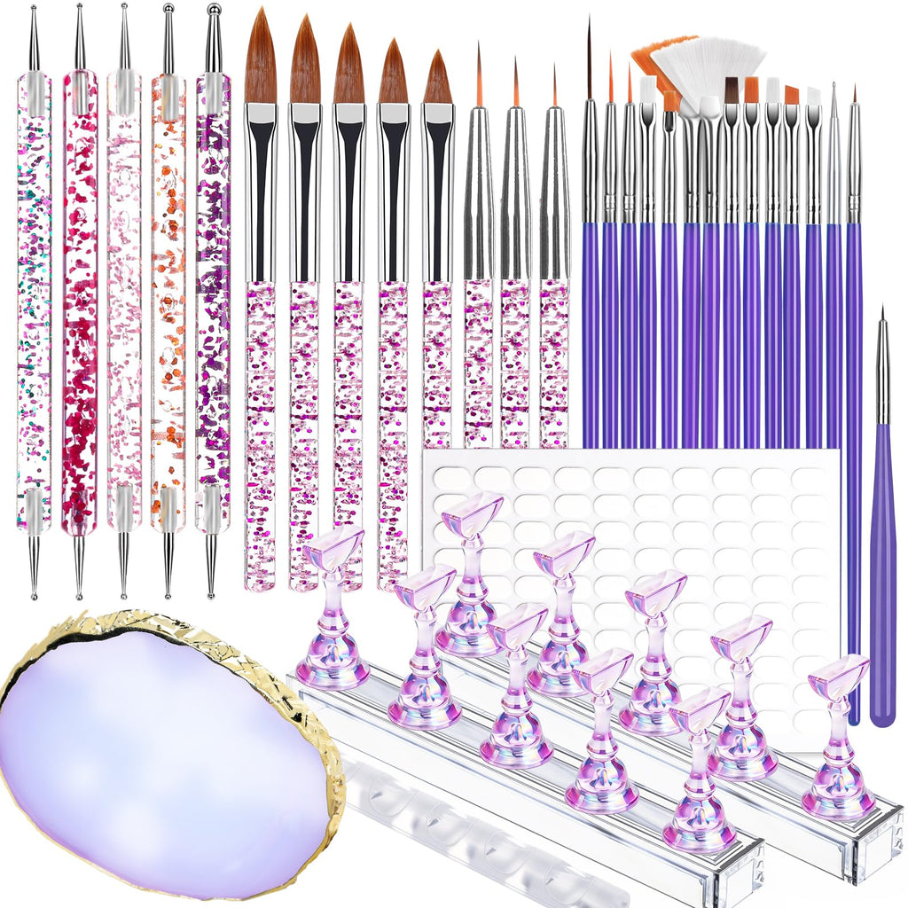 Teenitor Nail Art Tools Set, 23 Pcs Nail Art Brushes, 5 Pcs Nail Dotting Tool, 2 Set of Nail Stand, 100 Pcs Double-Sided Adhesive Tabs, Nail Art Palette, Brushes Holder, Purple