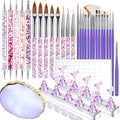 Teenitor Nail Art Tools Set, 23 Pcs Nail Art Brushes, 5 Pcs Nail Dotting Tool, 2 Set of Nail Stand, 100 Pcs Double-Sided Adhesive Tabs, Nail Art Palette, Brushes Holder, Purple