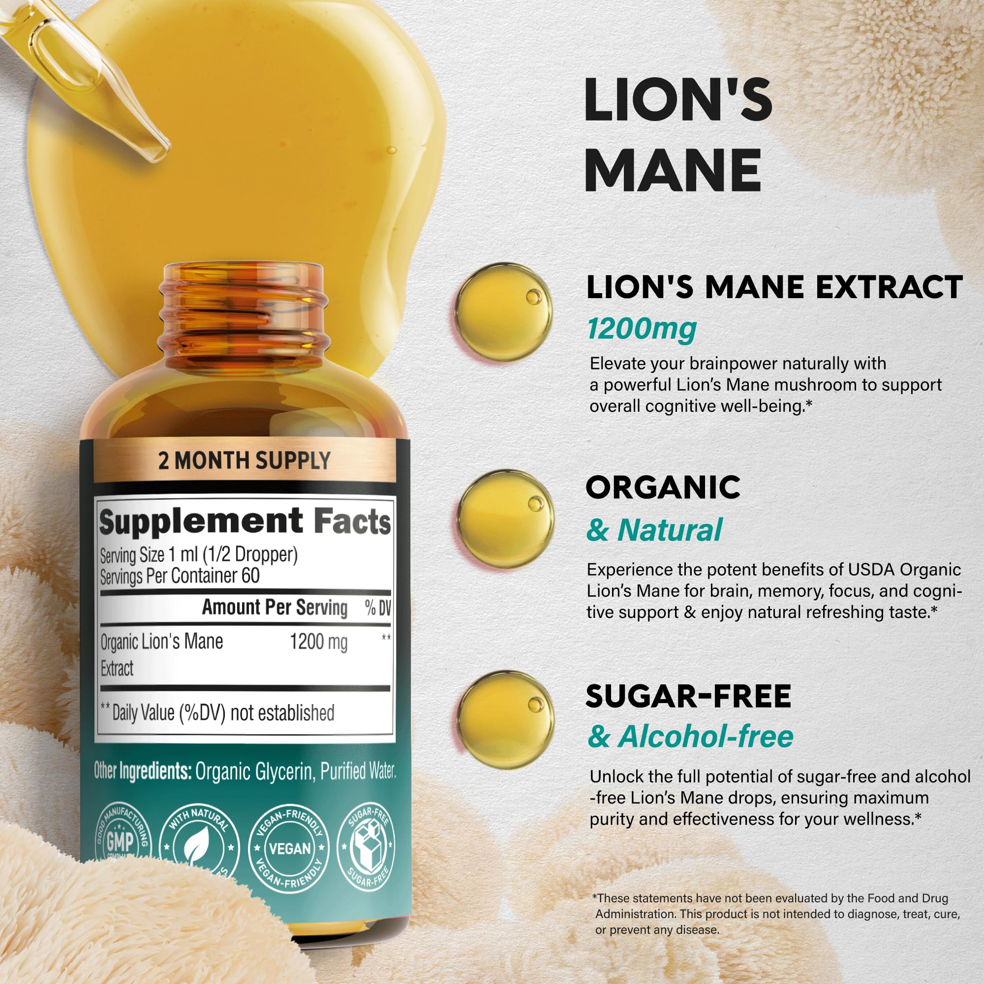 Lions Mane Liquid - USDA Organic Lions Mane Supplement 72,000 mg - 2 Oz | Lion's Mane Mushroom Extract - Brain Support, Energy, Memory & Focus - Sugar & Alcohol-Free - Tincture for Women & Men