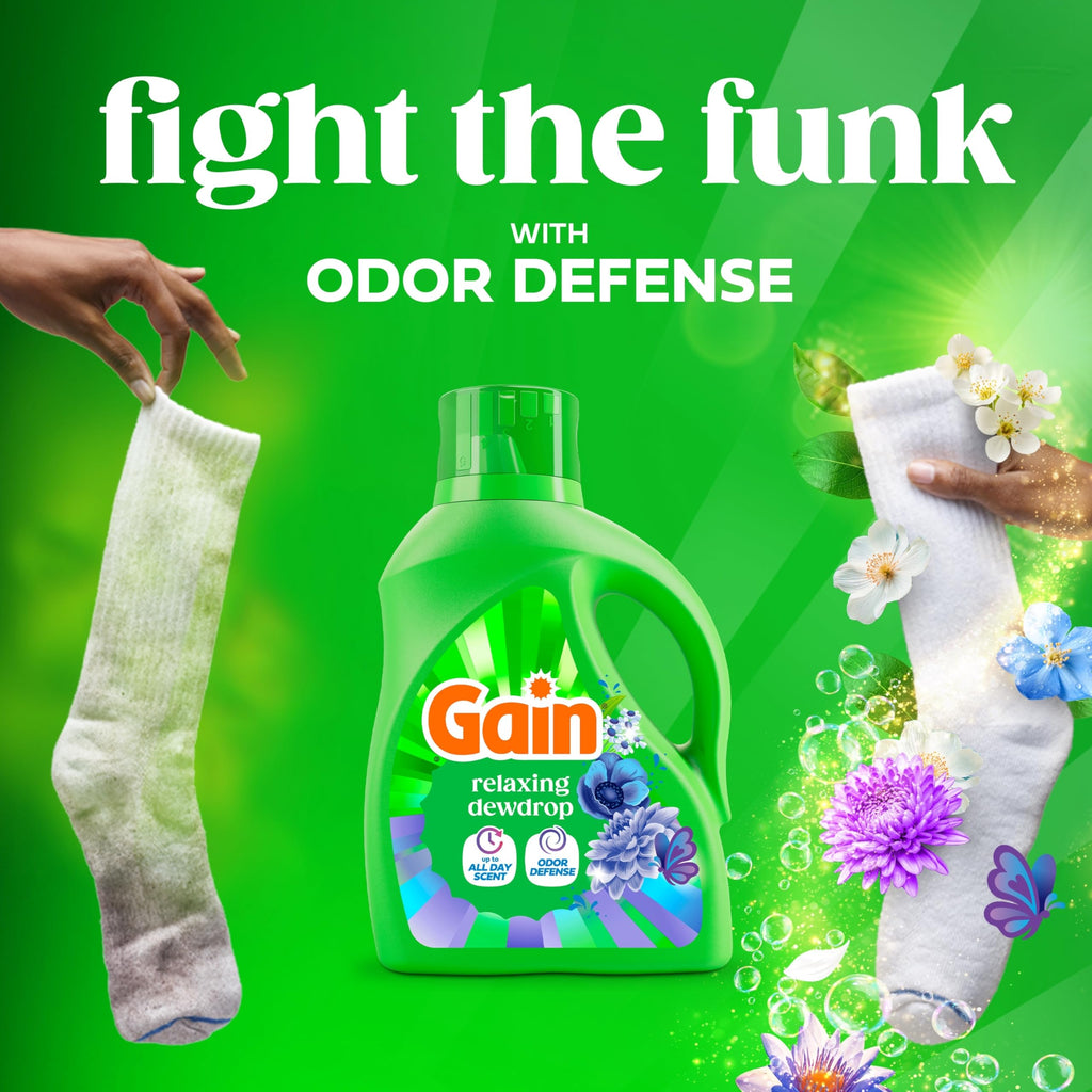 Gain Liquid Laundry Detergent, With Odor Defense, Relaxing Dewdrop Scent, Laundry Soap For HE Washing Machines, 132 fl oz, 100 Loads (Packaging May Vary)