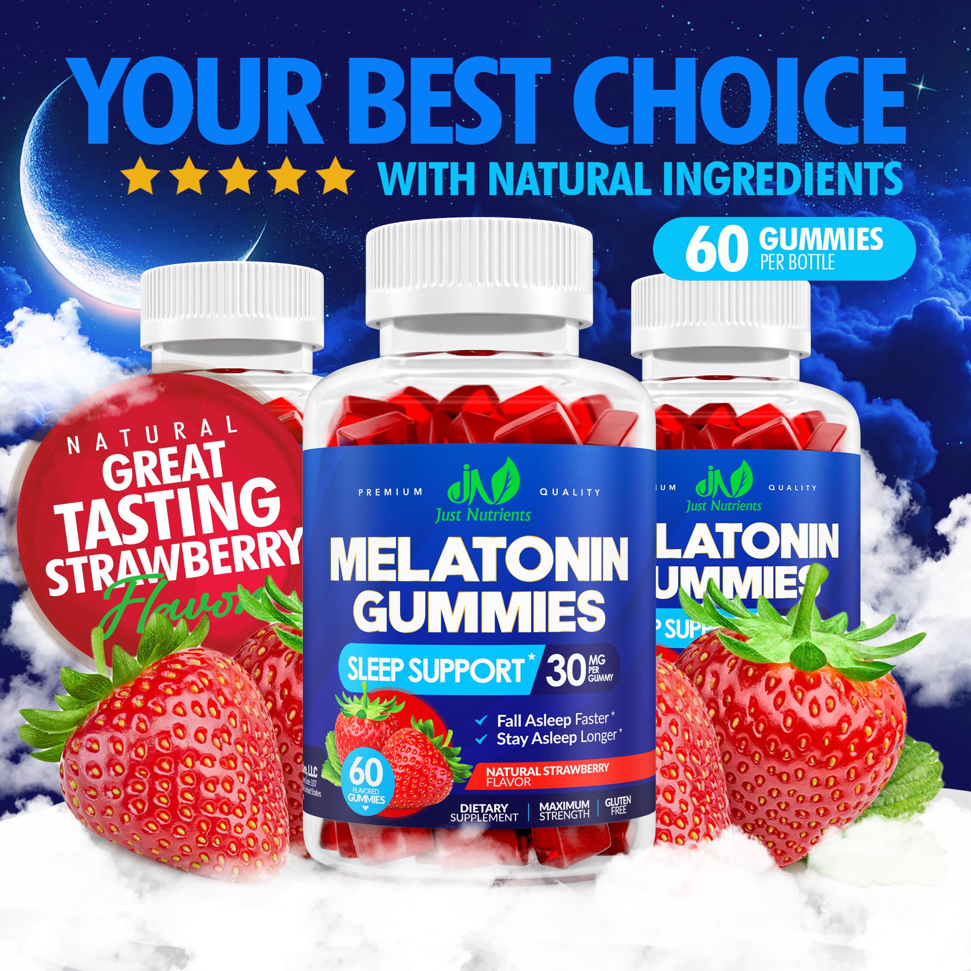 Melatonin 30mg Gummies for Adults, Zero Sugar (2 Month Supply) | Maximum Strength Sleep Support with 30mg of Melatonin Per Gummy - Gluten-Free, Vegetarian, Natural Strawberry Flavor
