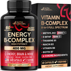 Vitamin B Complex: B1, B2, B3, B5, B6, B7, B12, 5MTHF + Whole Food - 60Caps