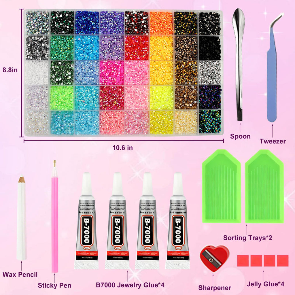40,000-Piece Bedazzling Kit, 40 Colors, 3mm Jelly AB Resin Rhinestones | Flatback gems with 4 B-7000 glue tubes, 40-compartment box, tweezers and trays for tumblers, phone cases and DIY crafts.