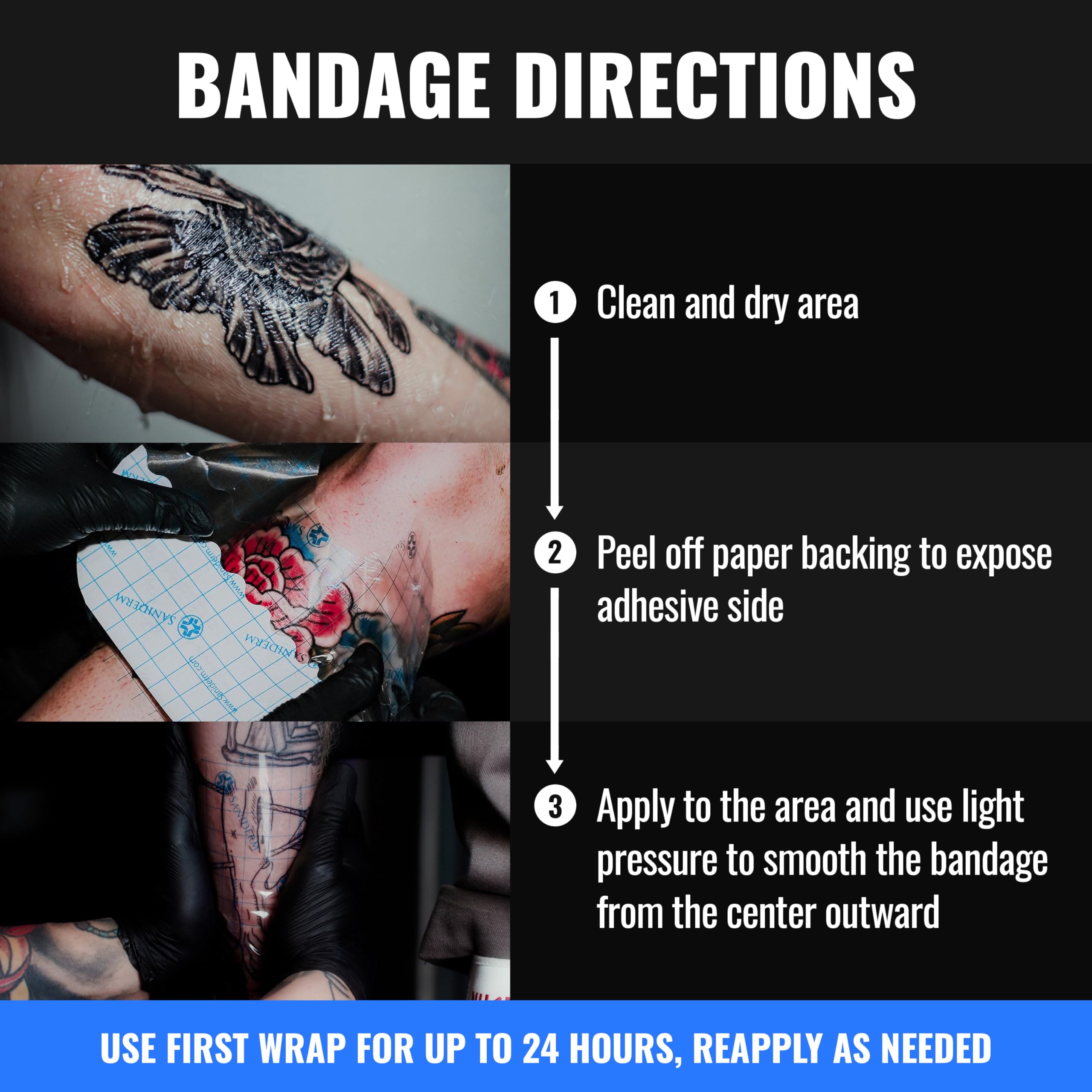 Saniderm - Tattoo Aftercare Bandage 10 Sheets - 4 x 4 Inch Small Pack | Contains Waterproof, Sterile, Latex-Free Bandage Sheets and Medical-Grade Tattoo Aftercare Film for Fresh Ink Protection.