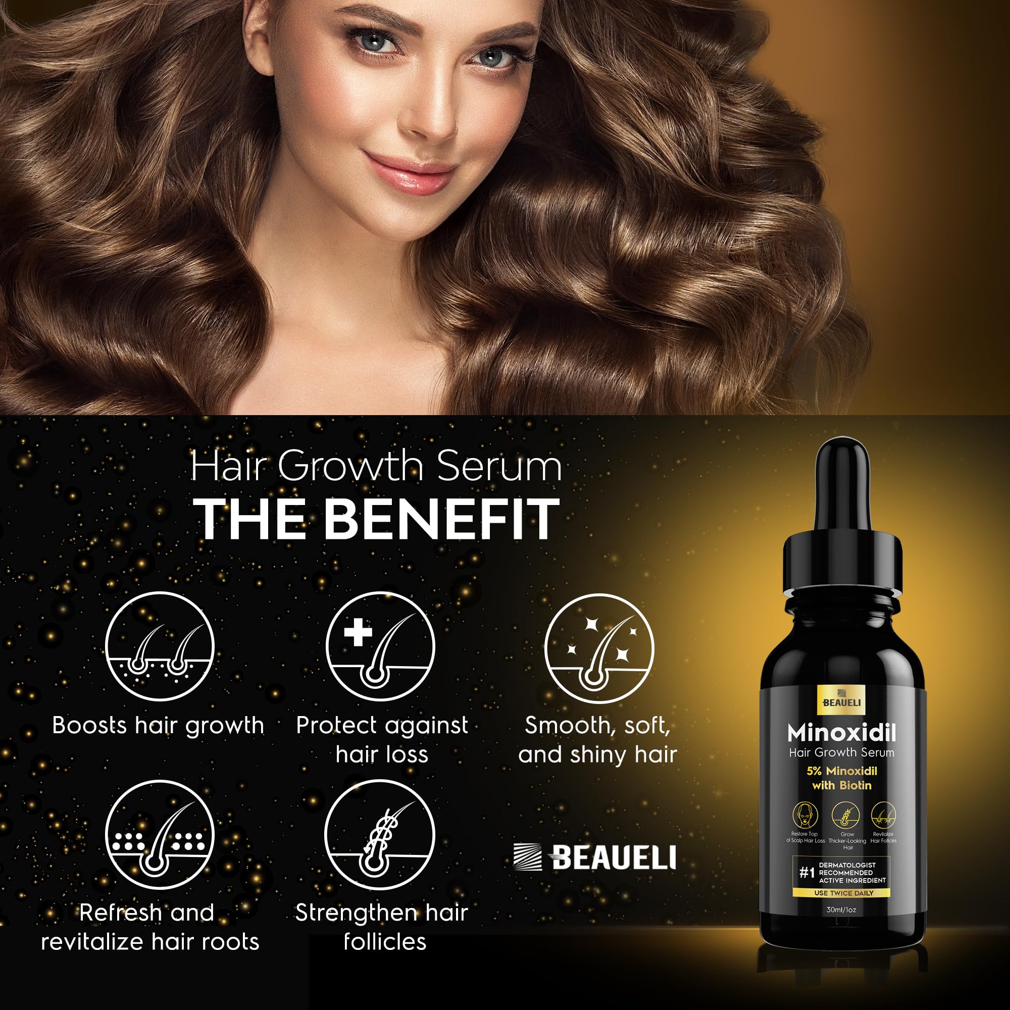 Beaueli 5% Minoxidil for Men and Women, Hair Growth, Beard Growth, Hair Regrowth, Unscented Drop, 3 Fl Oz, 3 Bottles | Minoxidil Hair Growth Oil for Men & Women, 5% Minoxidil Serum Hair Regrowth Treatment with Biotin for Thicker, Fuller Hair
