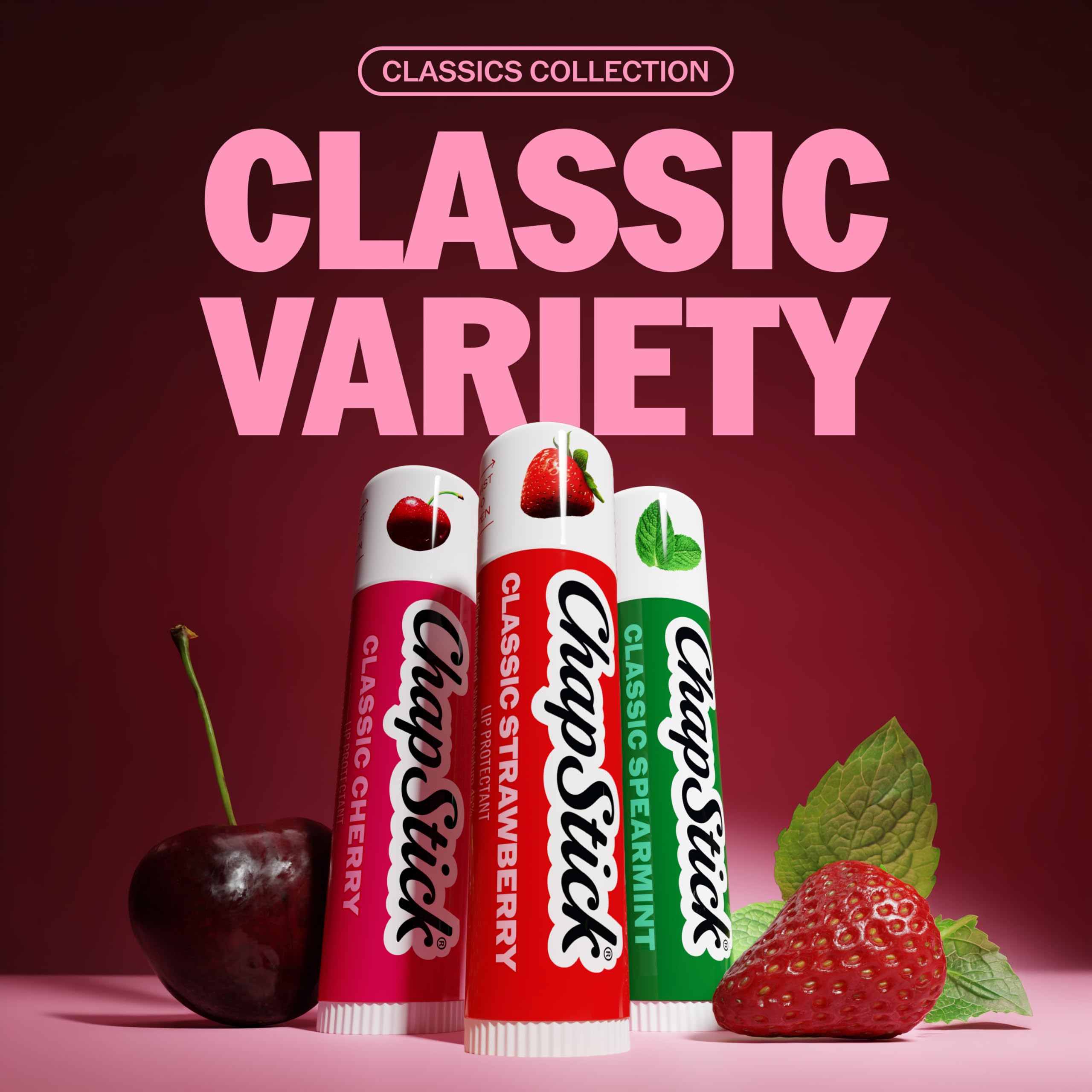 ChapStick Lip Care Set, Classic Collection 3-Pack – Spearmint, Cherry, and Strawberry Lip Balm, 0.15 Oz Ea